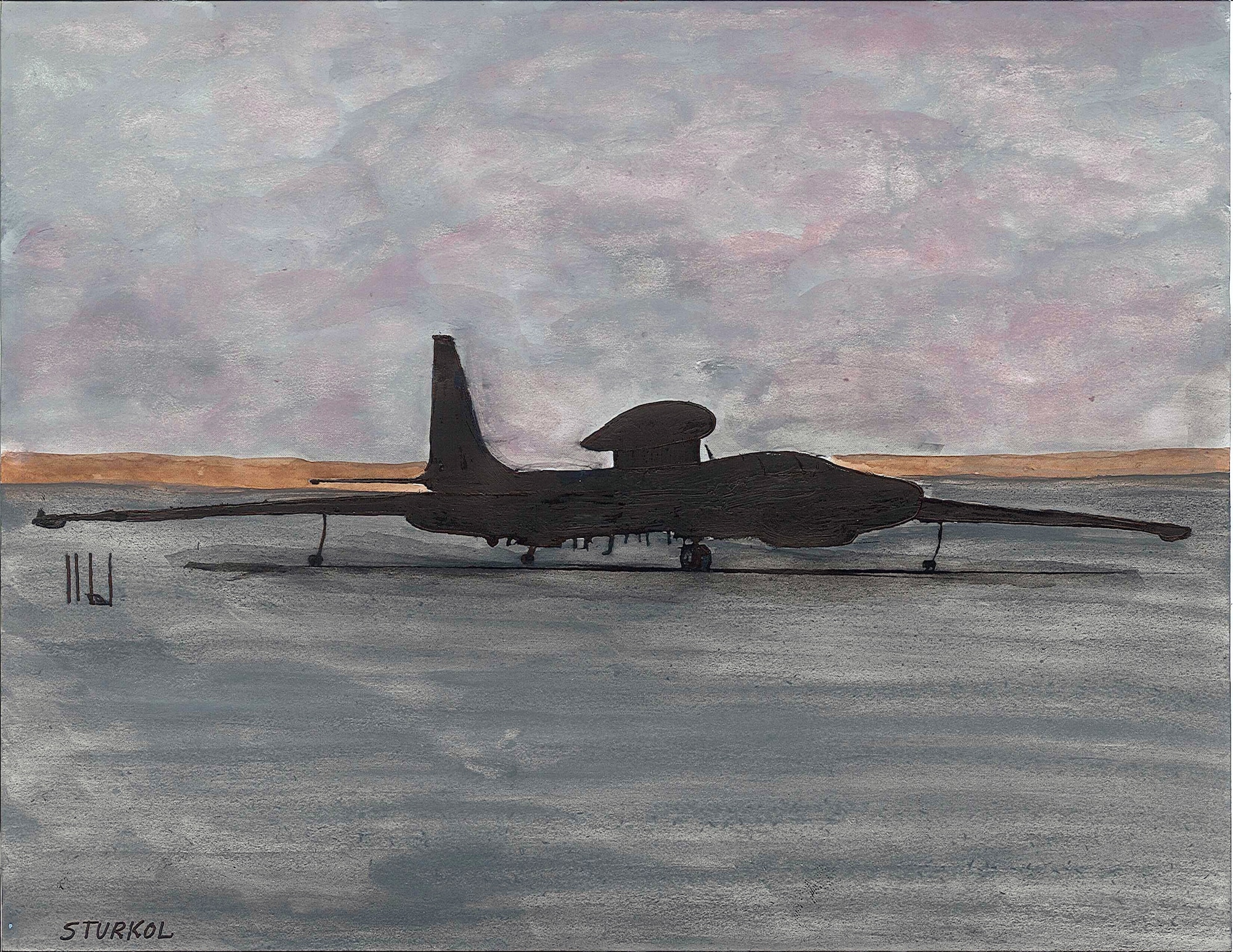 This is a scan of a watercolor silhouette painting of a U-2 Dragon Lady aircraft by Master Sgt. Scott T. Sturkol from a series of four paintings called "Silhouette Series: 380th Air Expeditionary Wing Aircraft." The paintings have been donated to the wing by the artist and the 380th AEW "Top Three" organization. Sergeant Sturkol is a public affairs superintendent deployed from Air Mobility Command Public Affairs at Scott Air Force Base, Ill. (U.S. Air Force Photo)