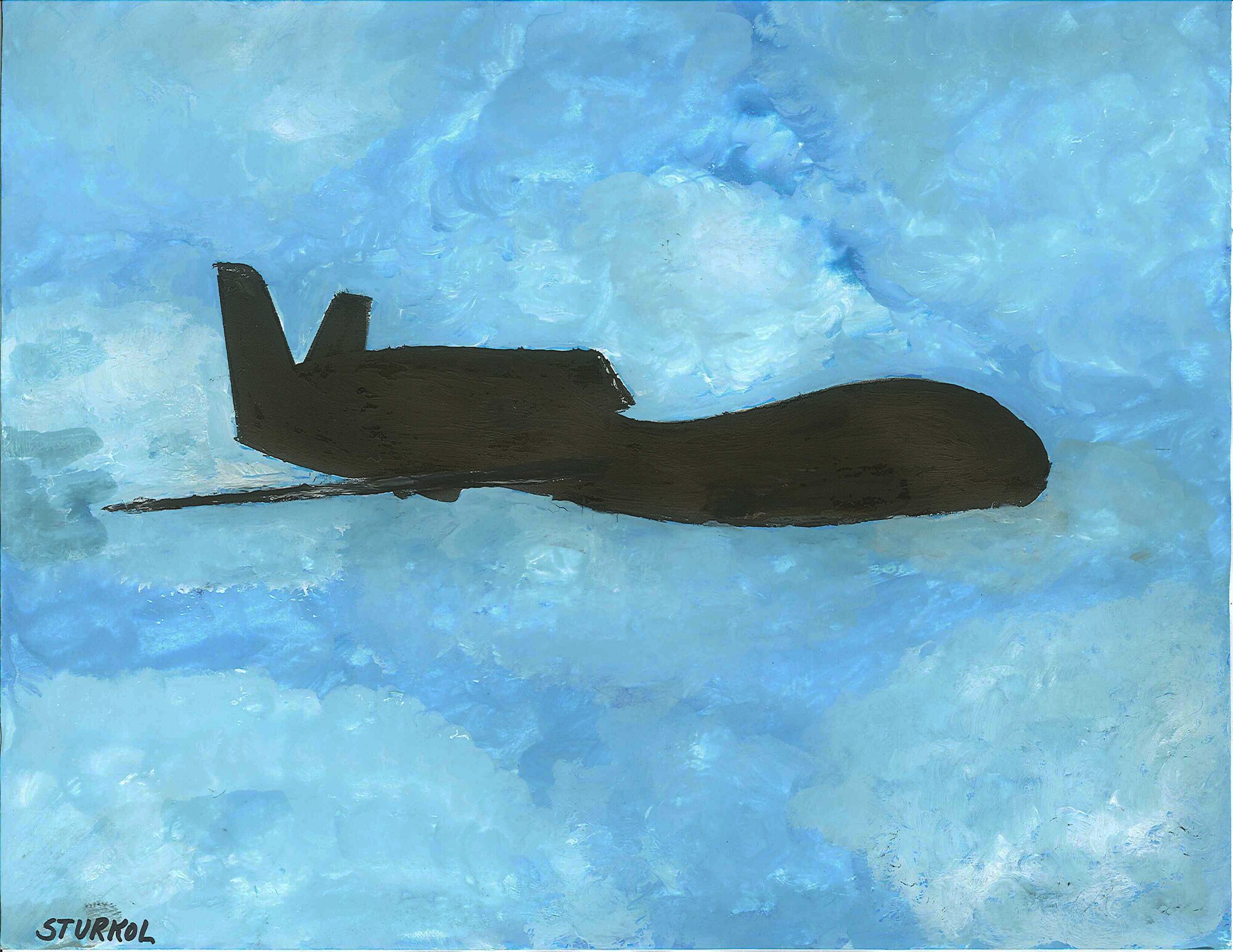 This is a scan of a watercolor silhouette painting of an RQ-4 Global Hawk aircraft by Master Sgt. Scott T. Sturkol from a series of four paintings called "Silhouette Series: 380th Air Expeditionary Wing Aircraft." The paintings have been donated to the wing by the artist and the 380th AEW "Top Three" organization. Sergeant Sturkol is a public affairs superintendent deployed from Air Mobility Command Public Affairs at Scott Air Force Base, Ill. (U.S. Air Force Photo)