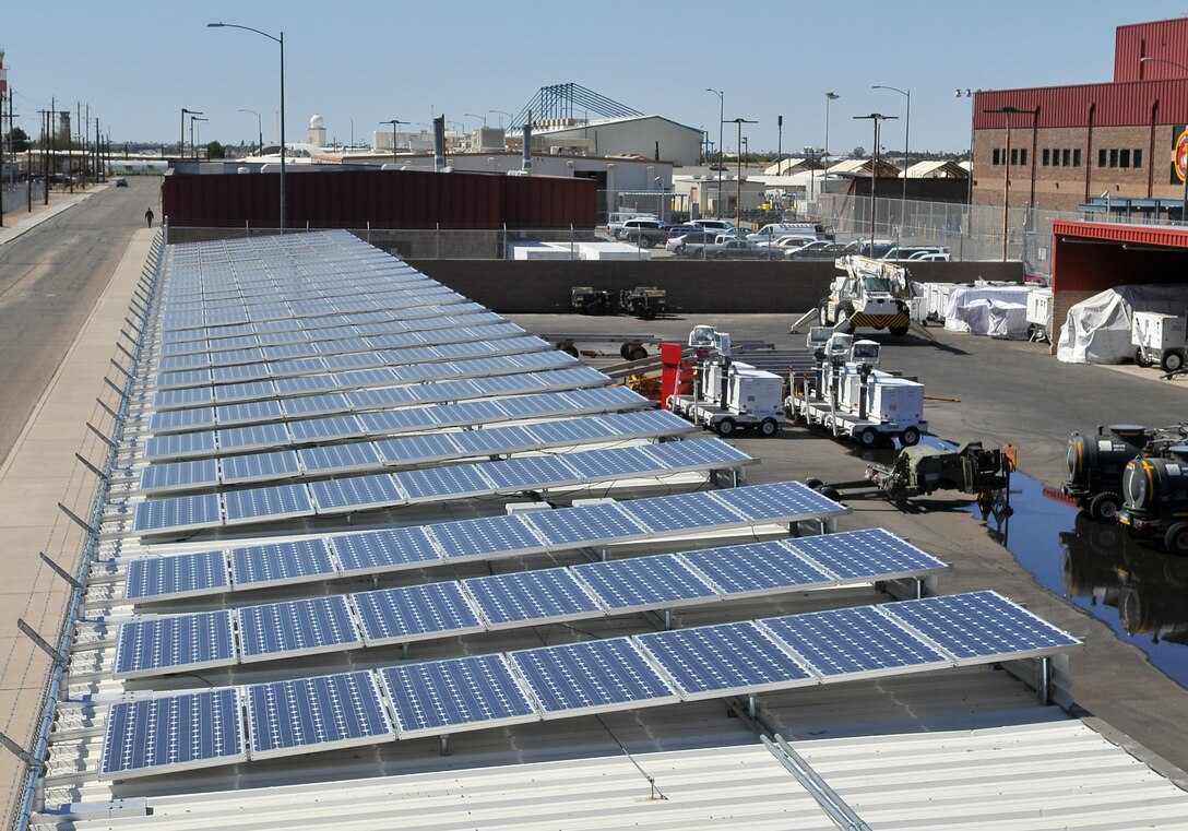 A new solar array tops the roof of building 233 at the Marine Corps Air Station in Yuma, Ariz. March 11, 2010. The array powers building 234, which is used by Marine Aviation Logistics Squadron 13’s ground support equipment section. While the array does not produce enough electricity to completely power the building, it does significantly reduce the buildings power consumption from the station power grid.