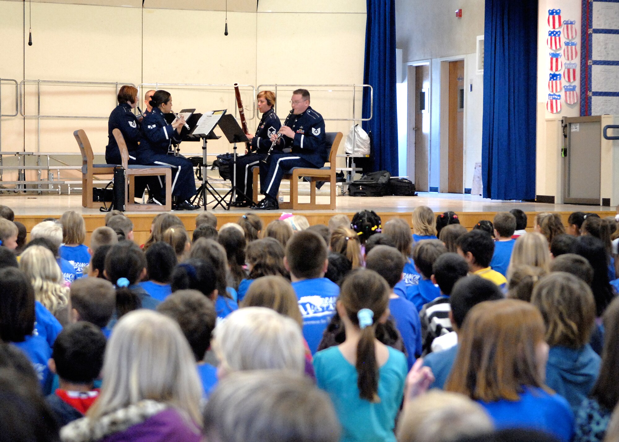 A woodwind quintet from the Air Force Band of the Golden West performed at the Branch Elementary School here March 11 as part of their week-long tour of the Santa Barbra area. The assembly, which was their second of the day, was attended by about 400 children in grades kindergarten and third grade. Between the two assemblies, the band played for more than 800 students. (Air Force photo/Senior Airman William A. O'Brien)