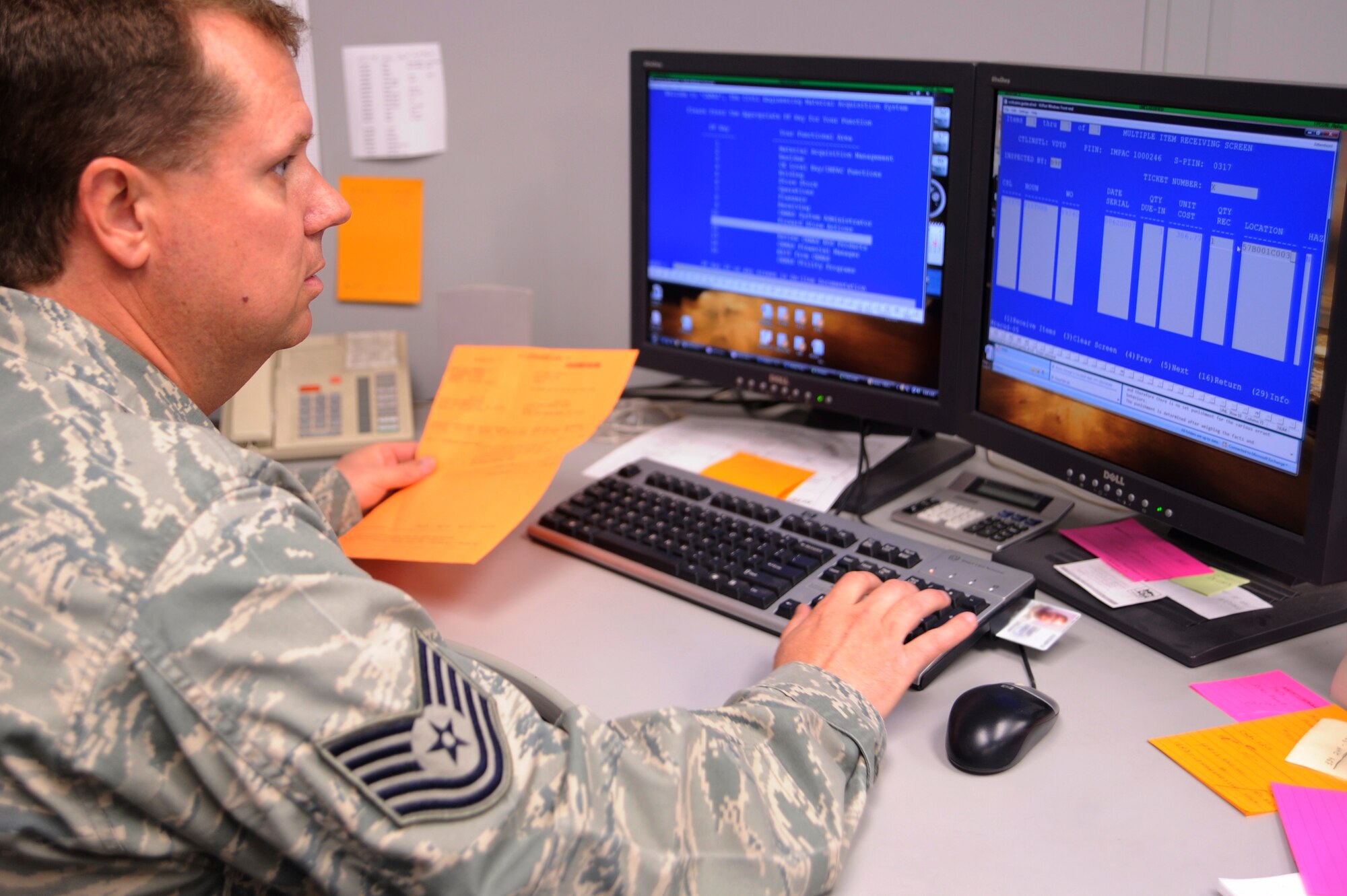 SCOTT AIR FORCE BASE, Ill -- Tech. Sgt. Christopher Dean, 375th Civil Engineer Squadron, Material Acquisitions NCO in charge, inputs a new part into their database, March 12, 2010 at Scott. The database keeps track of more than 1,700 different parts and which flights take them to perform repairs. (U.S. Air Force photo/ Senior Airman Wesley Farnsworth)