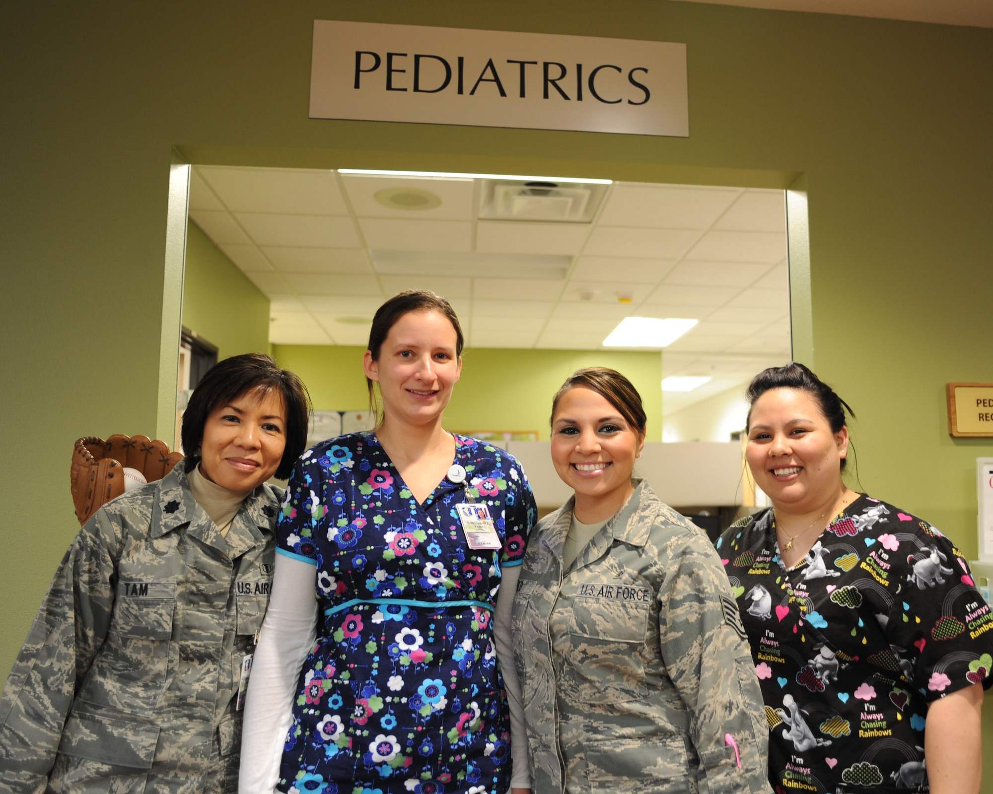 (Left to right) Lt.Col. (Dr.) Perlita Tam, 9th Medical Operations Squadron pediatrician, Ms. Erin Delbasty, 9th MDOS registered nurse, Staff Sgt. Jerrica Wild, 9th MDOS medical technician, and Ms. Regina Sabala, 9th MDOS midical technician.(U.S. Air Force photo by/Senior Airman Christopher Ruano)