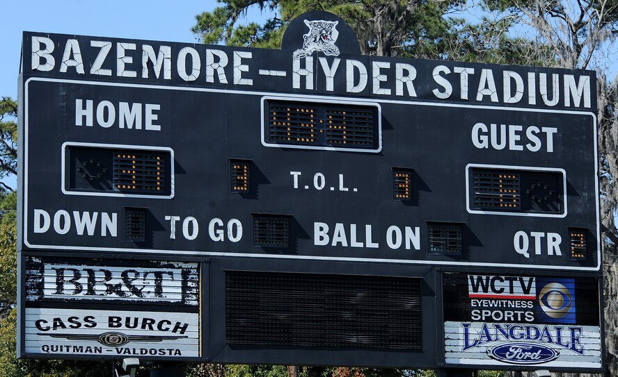 MOODY AIR FORCE BASE, Ga. -- The scoreboard highlights the score of 31-6 during a flag football game between Moody Airmen and Marines from the Marine Corps Logistics Base in Albany, Ga., at the Valdosta Stadium in Valdosta, Ga., March 6. The event was a big turnout for both military services. (U.S. Air Force photo by Airman 1st Class Joshua Green)
