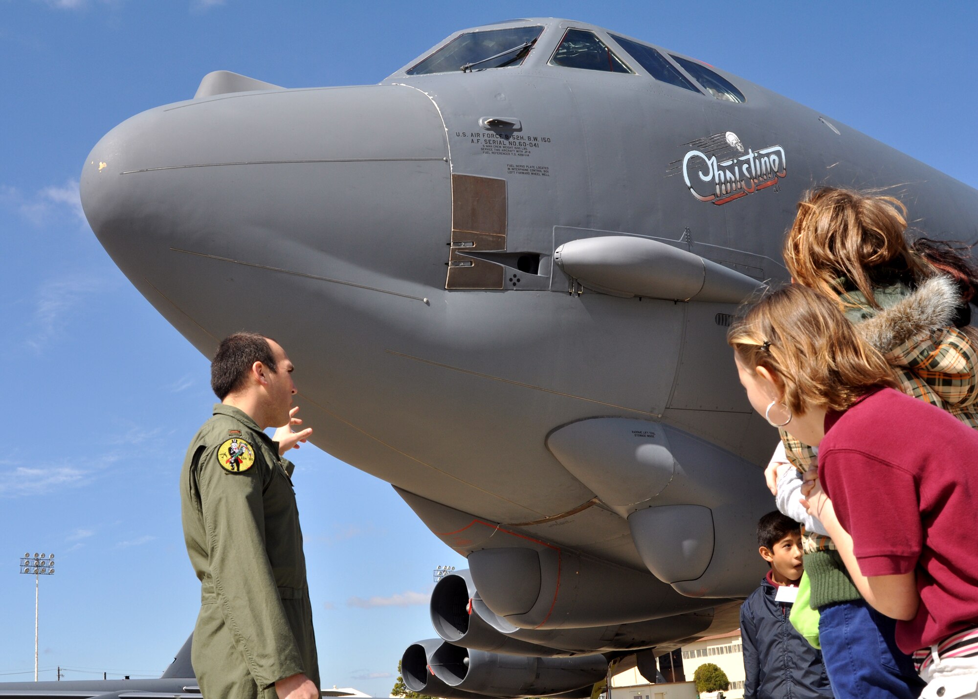 2nd Lt. Christopher Geary, a B-52 Stratofortress navigator with the 93rd Bomb Squadron on Barksdale Air Force Base, La., wows a group of students from Starbase with facts and figures during a B-52 static display on Barksdale March 12, 2010. The B-52 Stratofortress, affectionately known as the BUFF, are one of two aircraft the 917th Wing operates and maintains, the second being the A-10 Thunderbolt II. (U.S. Air Force Photo/Senior Airman Crystal Marie Jordan)