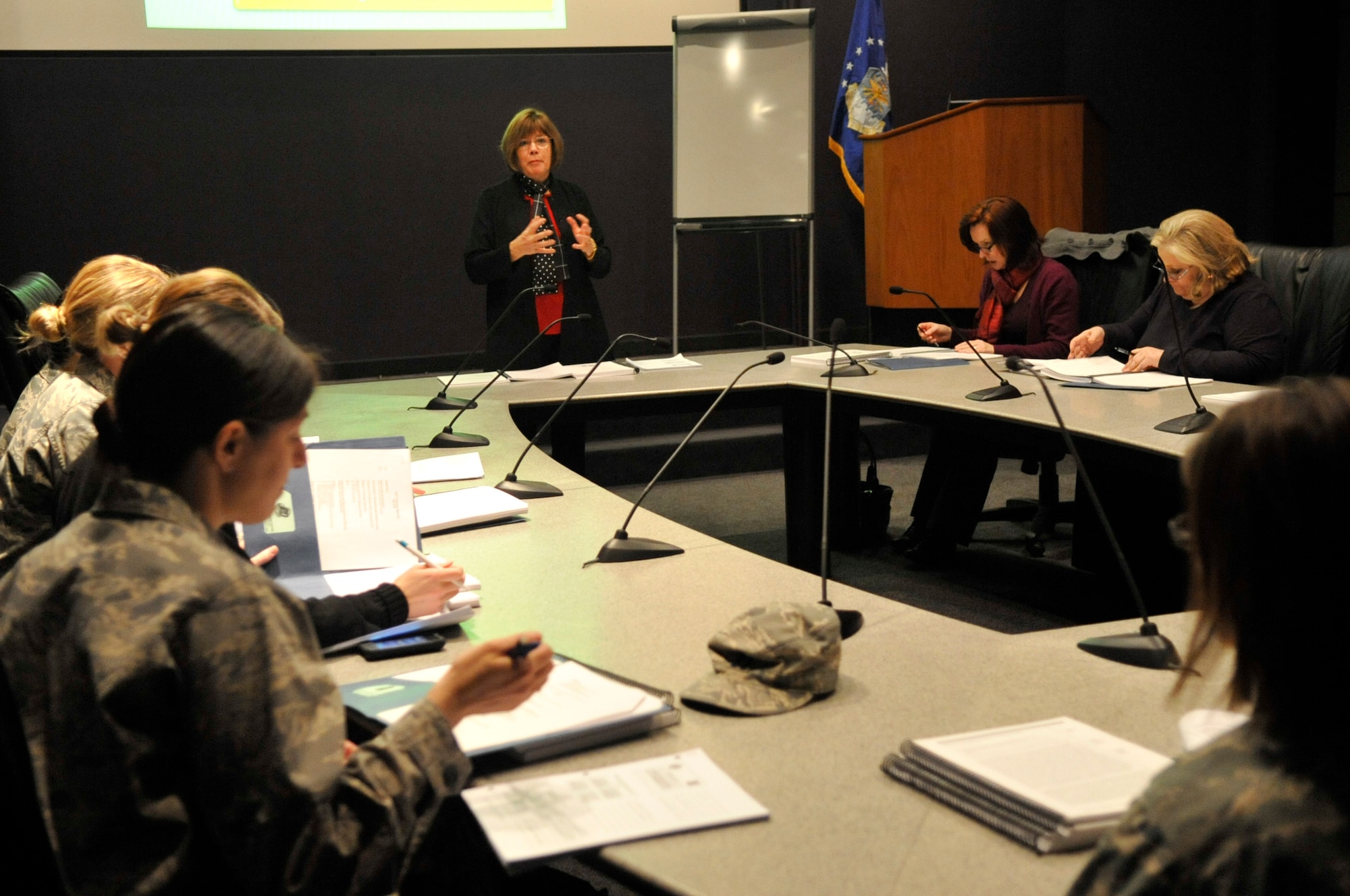 Patricia Resick, a professor of psychiatry and psychology at Boston University, lectures Malcolm Grow Medical Center personnel on cognitive processing therapy for military-related post traumatic stress disorder in the Air Force Conference Center at Joint Base Andrews, Md., March 9, 2010. The two-day seminar trained mental health professional from the 779th Medical Group how to effectively use one of the proven treatments for PTSD in their daily practices. (U.S. Air Force photo by Staff Sgt. Renae L. Kleckner)