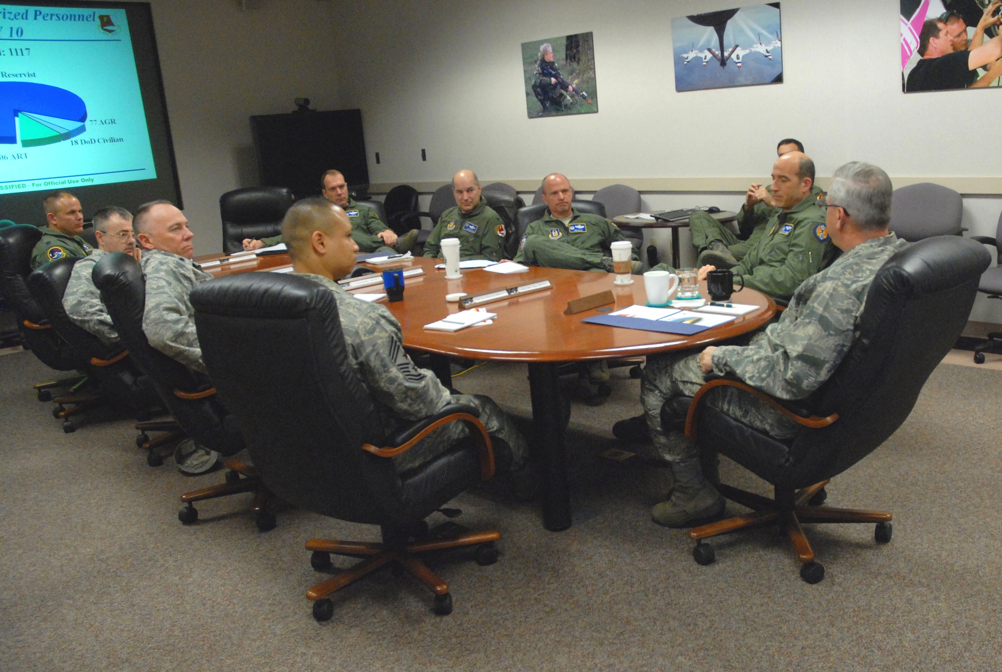 Senior leaders of the 940th Wing meet with Maj. Gen. Martin Mazick during his visit to the Reserve wing at Beale Air Force Base, Calif., on March 10, 2010.  The general received briefings on the emerging missions under the command of the 940th Wing before touring the Reserve wing’s operational squadrons.  