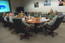 Senior leaders of the 940th Wing meet with Maj. Gen. Martin Mazick during his visit to the Reserve wing at Beale Air Force Base, Calif., on March 10, 2010.  The general received briefings on the emerging missions under the command of the 940th Wing before touring the Reserve wing’s operational squadrons.  