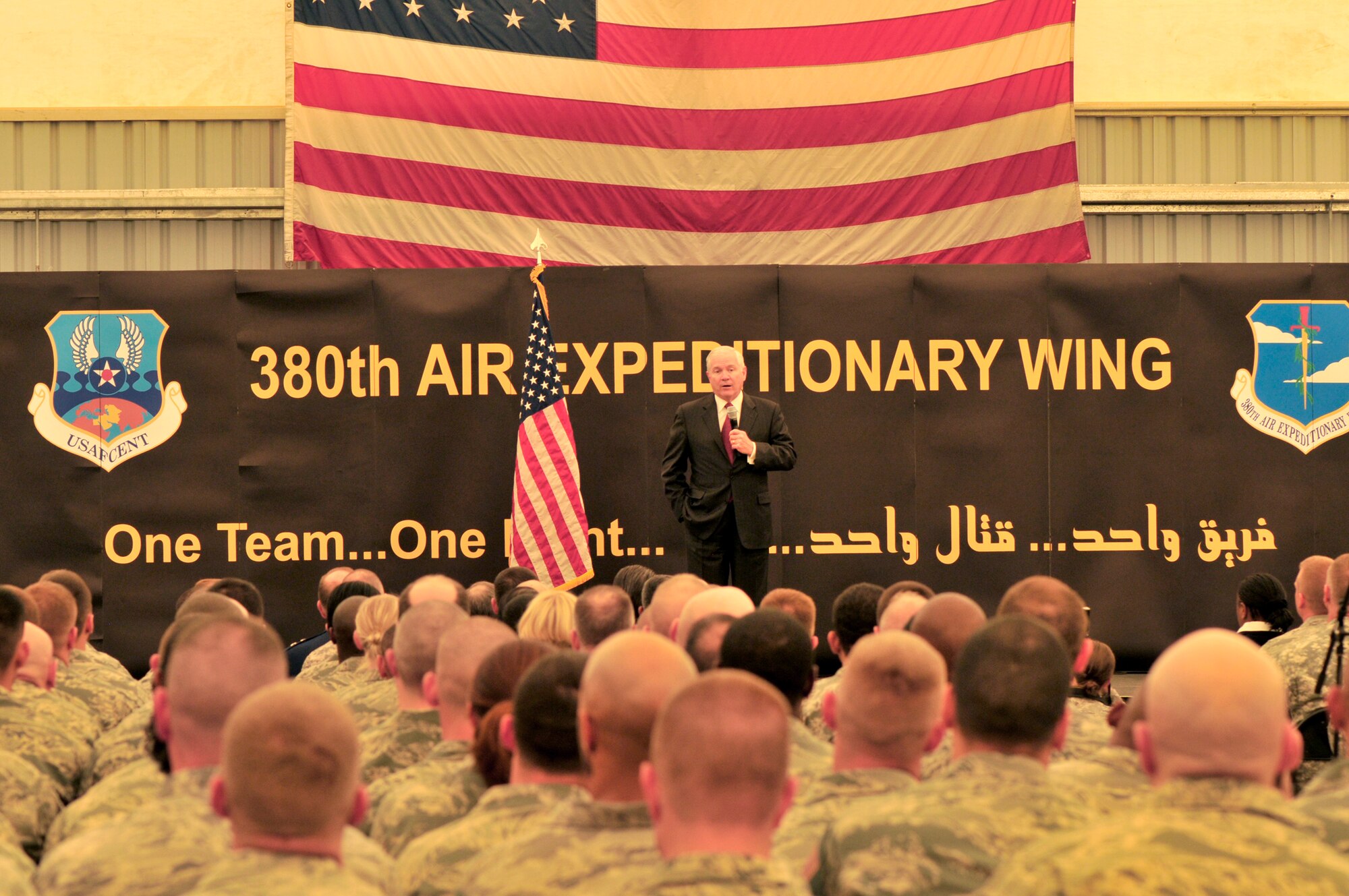 U.S. Defense Secretary Robert M. Gates addresses the men and women of the 380th Air Expeditionary Wing at an undisclosed location in Southwest Asia on March 11, 2010. (U.S. Air Force Photo/Capt. Cathleen Snow/Released) 