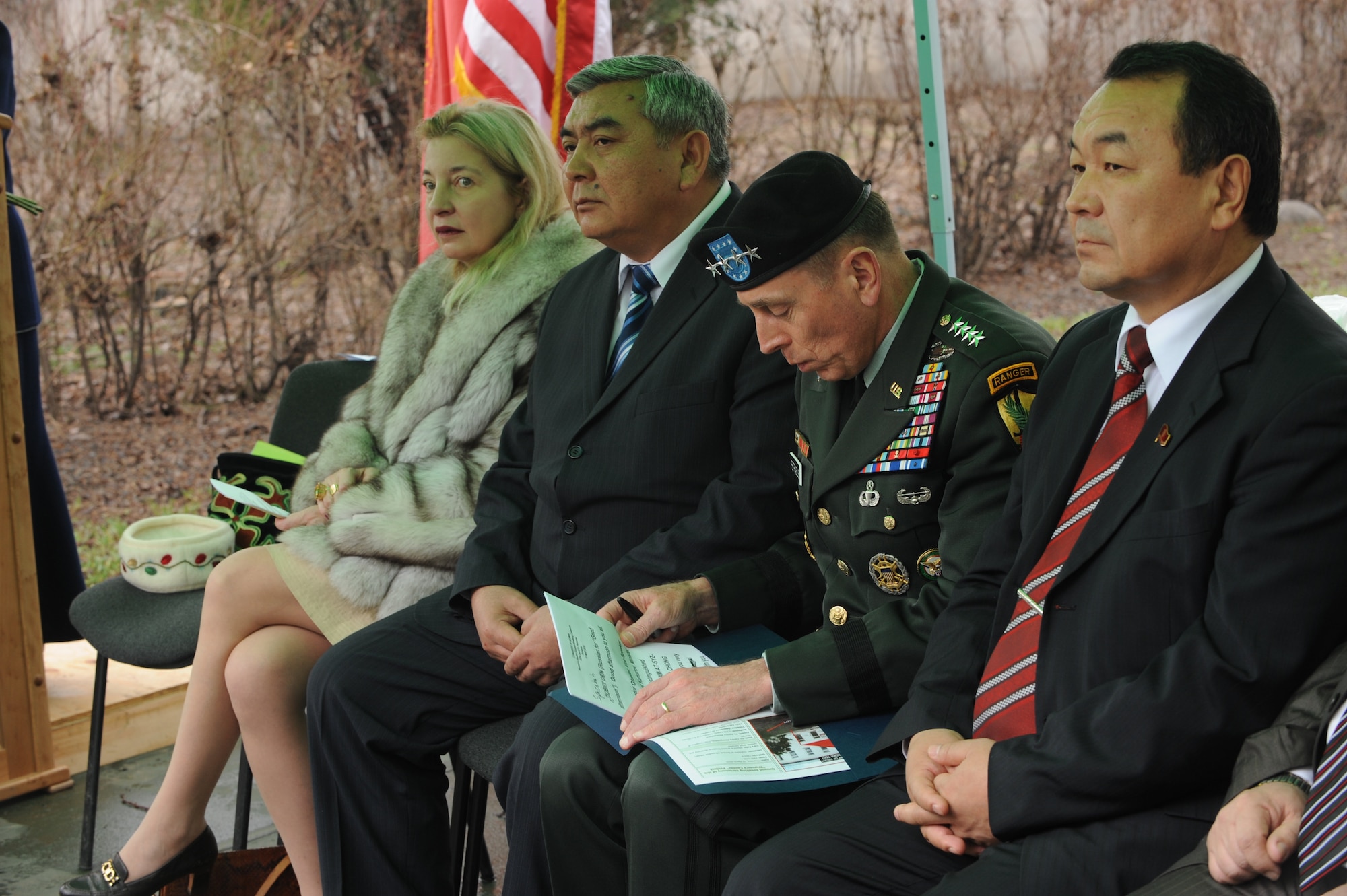 U.S. Army Gen. David Petraeus, Commander, U.S. Central Command, reviews his speech before presiding over the ground breaking ceremony for the Women's Center in Bishkek, Kyrgyzstan, March 11, 2010. (U.S. Air Force photo/Senior Airman Nichelle Anderson/released)
