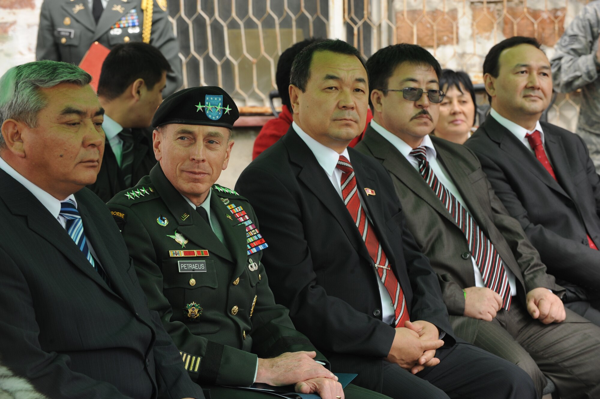U.S. Army Gen. David Petraeus, Commander, U.S. Central Command, sits among several Kyrgyz government officials before the ground breaking ceremony for the Women's Center in Bishkek, Kyrgyzstan, March 11, 2010. (U.S. Air Force photo/Senior Airman Nichelle Anderson/released)
