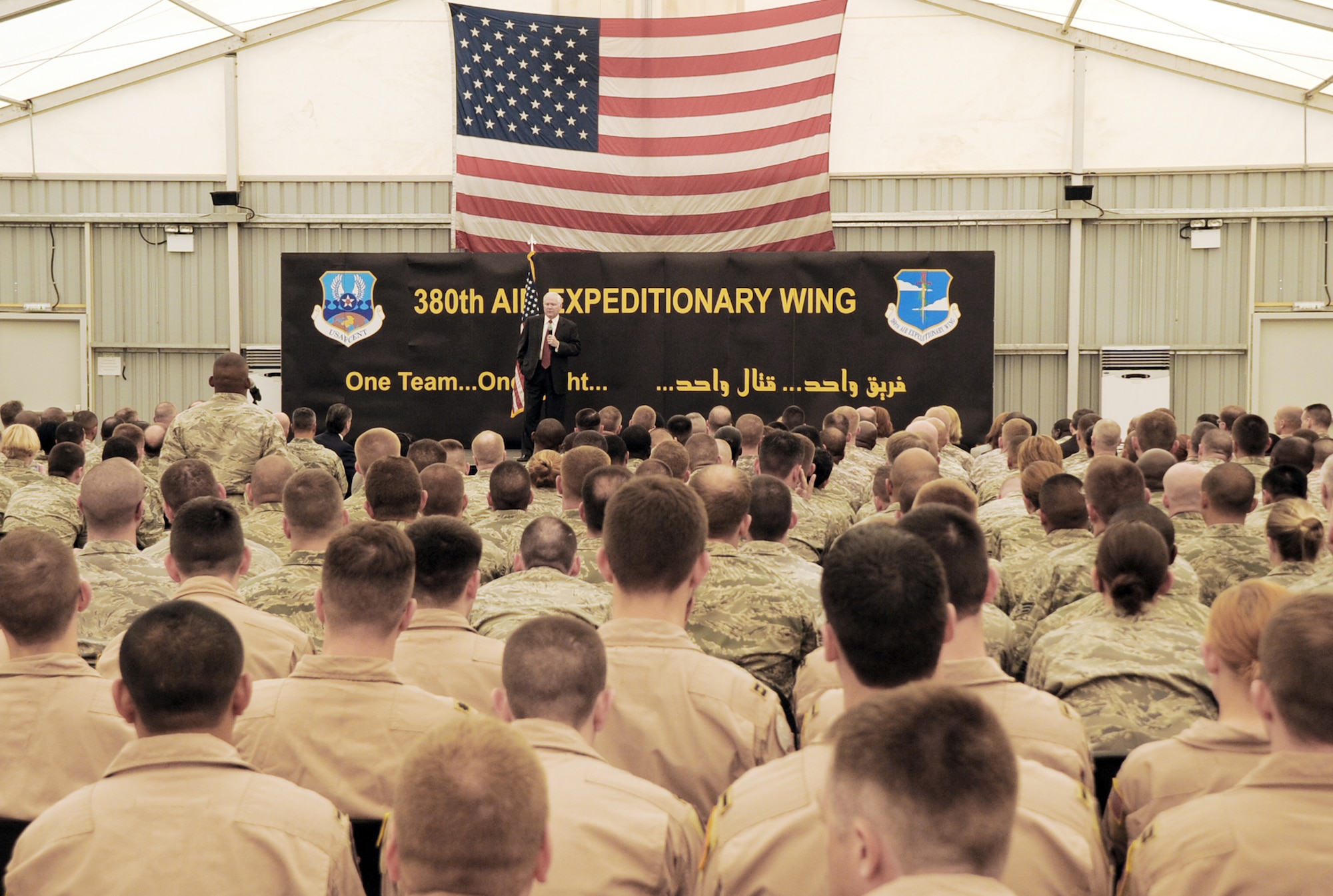 Defense Secretary Robert M. Gates addresses the men and women of the 380th Air Expeditionary Wing March 11, 2010, at an air base in Southwest Asia. The stop at the 380th AEW was part of Secretary Gates' trip through several countries meeting with U.S. allies. (U.S. Air Force photo/Master Sgt. Scott T. Sturkol)