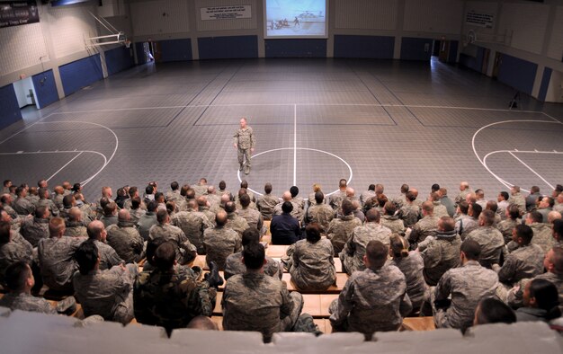 McGHEE TYSON AIR NATIONAL GUARD BASE, Tenn. -- Chief Master Sgt. Chris Muncy, the Command Chief Master Sergeant of the Air National Guard, addresses more than 260 service members attending the Noncommissioned Officer Academy Class 10-4 and the Airman Leadership School Class 10-2 at The I.G. Brown Air National Guard Training and Education Center here, March 3, 2010. (U.S. Air Force photo by Master Sgt. Kurt Skoglund/Released)