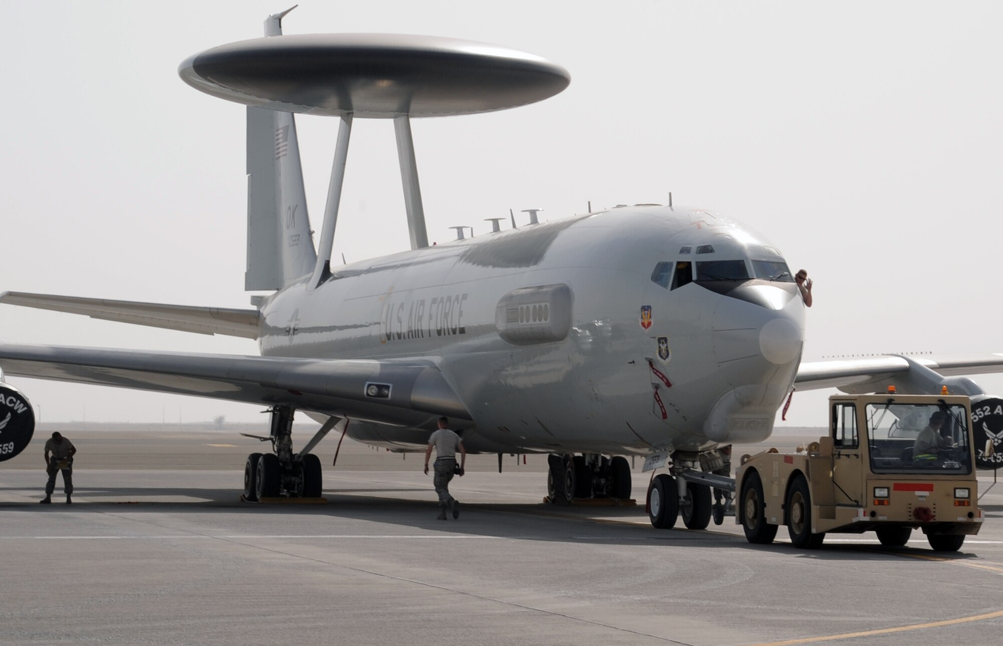 Maintenance Airmen from the 380th Expeditionary Aircraft Maintenance Squadron's Sentry aircraft maintenance unit work on an E-3 Sentry Airborne Warning and Control System aircraft during flightline operations at a non-disclosed base in Southwest Asia on March 8, 2010. The 380th EAMXS, as part of the 380th Air Expeditionary Wing, supports operations Iraqi Freedom and Enduring Freedom and the Combined Joint Task Force-Horn of Africa.  The E-3 Sentrys and their associated maintenance Airmen are deployed from Tinker Air Force Base, Okla. (U.S. Air Force Photo/Master Sgt. Scott T. Sturkol/Released)