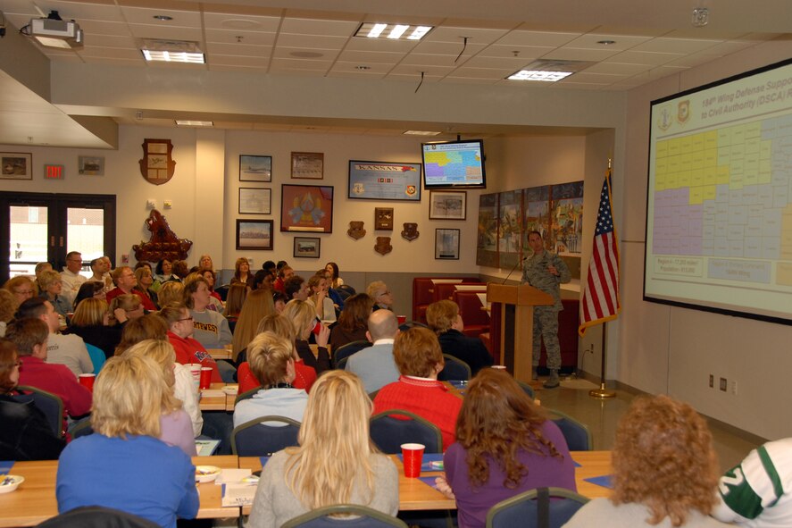 Major Jesse Sojka, flight commander for the 161st Intelligence Squadron, and unit volunteers welcomed counselors from the Unified School District #259 and gave mission briefings at the Roost.