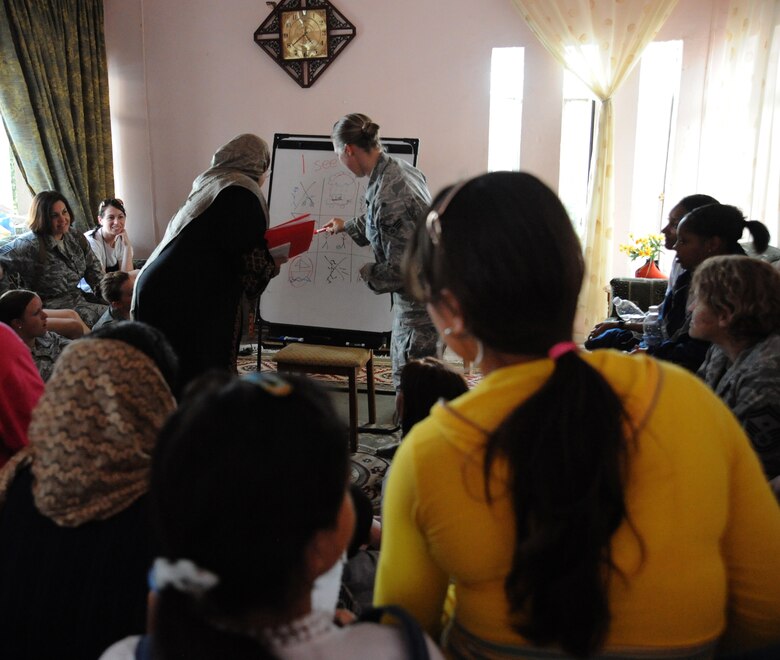 Air Force Senior Airman Alexandra Kurz, a volunteer for the Iraqi women’s English speaking group, explains a picture on the white board to an Iraqi woman, Victory Base Complex, Iraq, March 9, 2010. The purpose of the informal women’s only group is to interact on a weekly basis and conduct English lessons for Iraqi women. (U.S. Air Force photo/Master Sgt. Trish Bunting/Released)