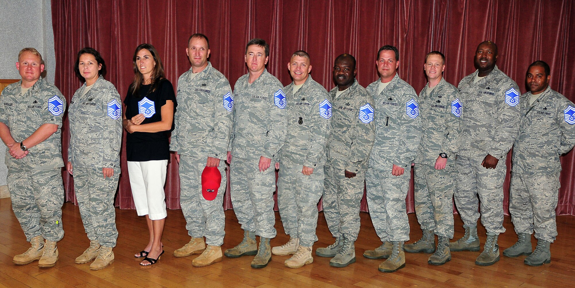 ANDERSEN AIR FORCE BASE, Guam - Andersen celebrated it's newest promotees to the rank of Senior Master Sgt. here on Mar. 5. Those picture are: SMSgt. Scott Mackeller, SMSgt. Rhonda Blackstone, represented by his wife SMSgt. William Speck, SMSgt. Chad Craig, SMSgt. Tommt Rhodes Jr.; SMSgt. Algernon Johnson, SMSgt. Todd Kneisley, SMSgt. Shane Murray, SMSgt. Kristof Richardson, SMSgt. Cedric Barron, and SMSgt. Michael Bohanan.   (U.S. Air Force photo by Airman 1st Class Julian North)