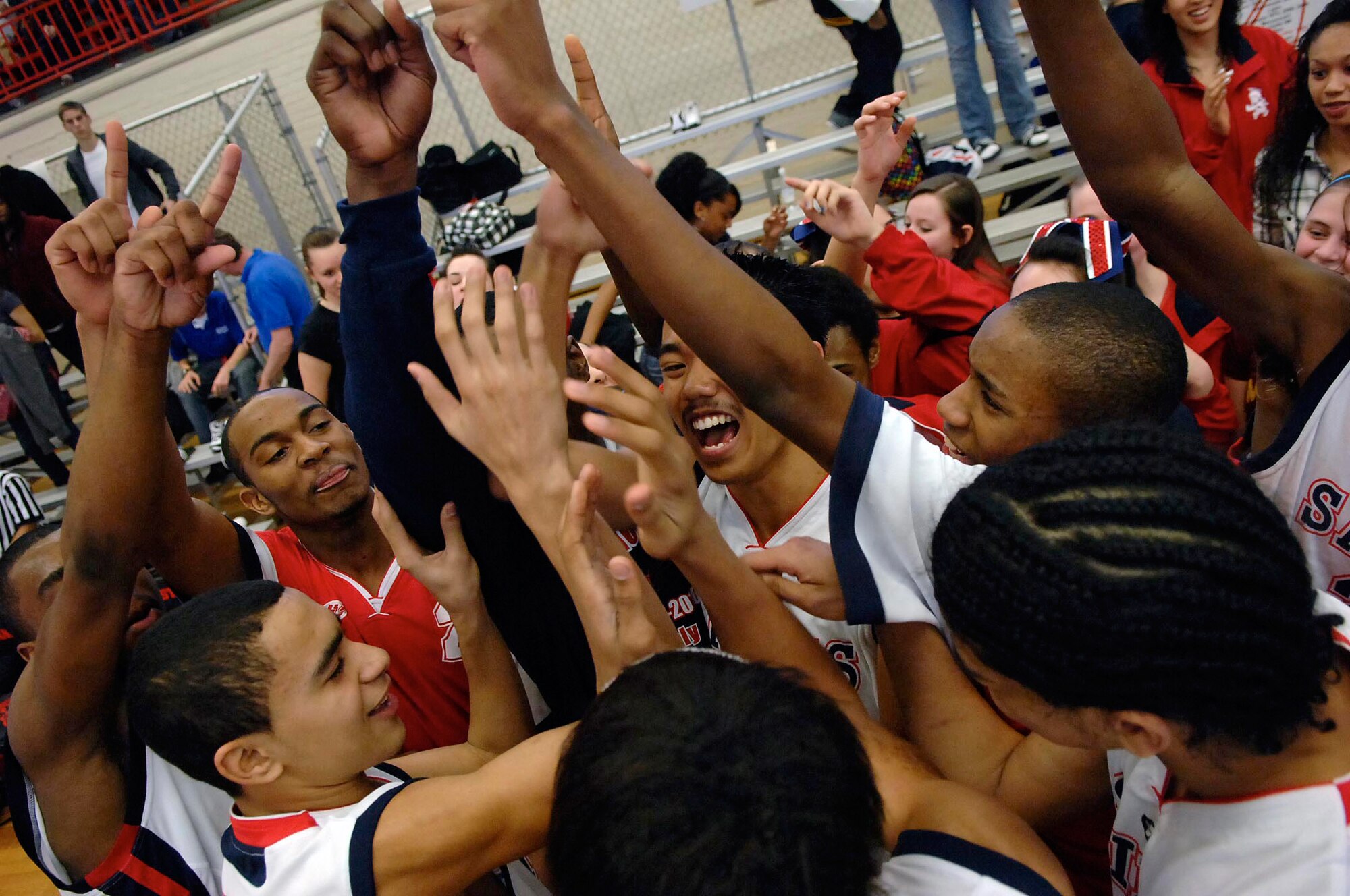The defending Division II boys champions Aviano celebrate their repeat after beating Hohenfels 49-38 at the DODDS-Europe basketball championships in Mannheim, Germany, on Feb. 27th, 2010.  (Photos by Michael Abrams.  Used with permission from the Stars and Stripes.  ? 2010 Stars and Stripes.)  