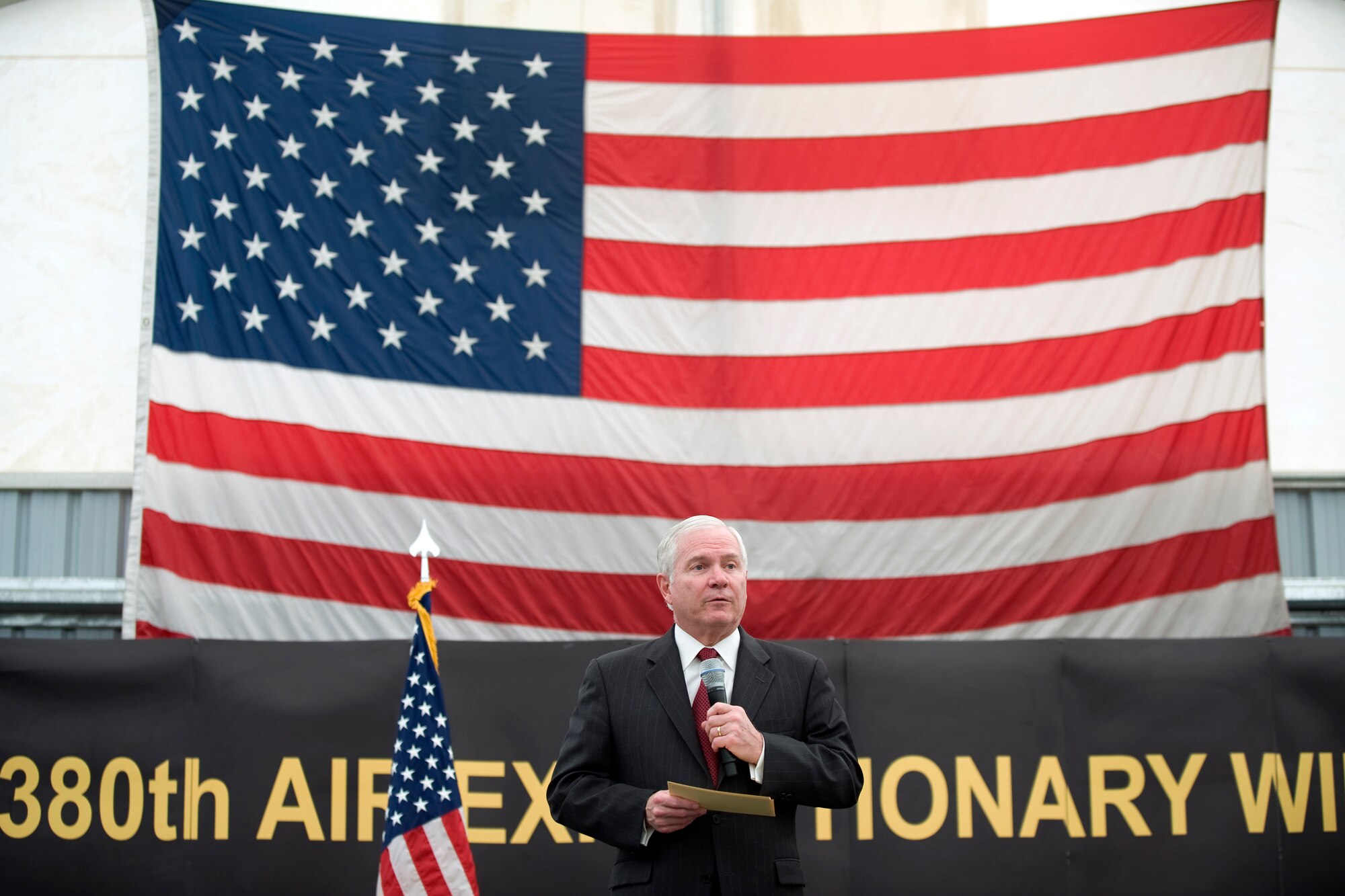 Defense Secretary Robert M. Gates addresses the men and women of the 380th Air Expeditionary Wing at an undisclosed location in Southwest Asia on March 11, 2010.  (Department of Defense photo by Cherie Cullen (released)