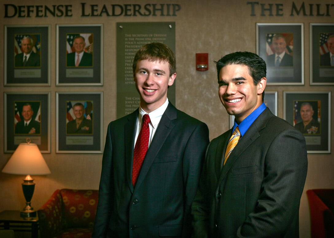 Michael Zachau Walker (left), a junior at Ankara High School, in Turkey and Joshua Jones (right), a senior at Kubasaki High School in Okinawa, Japan, visited the Pentagon as part of the U.S. Youth Senate Program.  The program is a week-long educational opportunity held in Washington, D.C. each March. DoD photo by Angie Kohler
