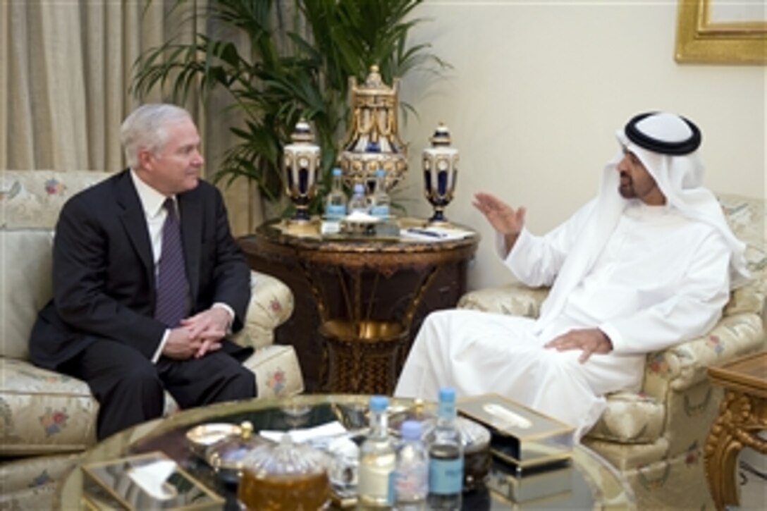 Secretary of Defense Robert M. Gates meets with the Crown Prince of Abu Dhabi and Deputy Commander of the UAE Armed Forces Mohammad bin Zayyed al Nuhayyan at his villa in Abu Dhabi, United Arab Emirates, on March 11, 2010.  