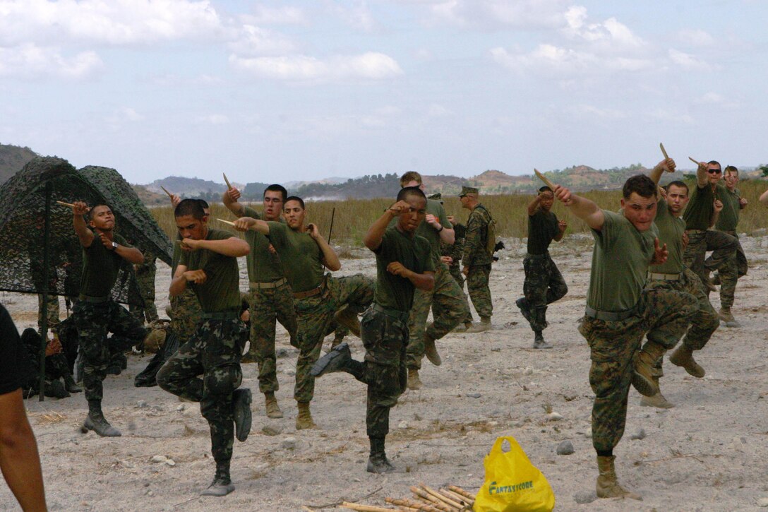 Republic of the Philippines Marines and U.S. Marines with Battalion Landing Team 2nd Battalion, 7th Marines (BLT 2/7), 31st Marine Expeditionary Unit (MEU), practice Philippine Martial Arts Program moves, March 13.  The martial arts class was part of bilateral training being conducted during exercise Balikatan 2010 (BK ’10).