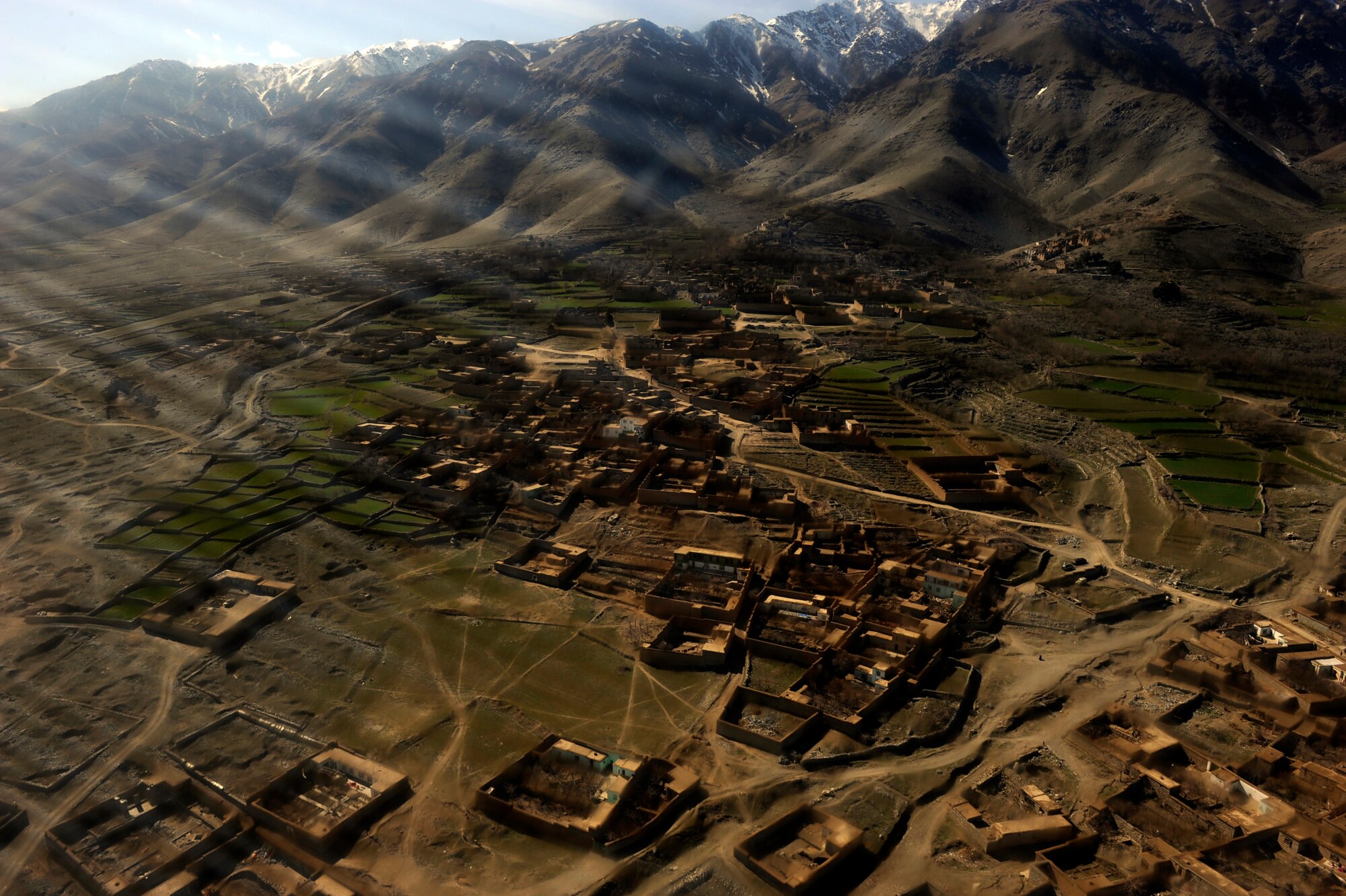 An aerial view from a UH-60 Blackhawk during a training flight with Afghan National Army Air Corps crew chiefs, March 1, 2010, over Parwan province, Afghanistan. (U.S. Air Force photo/Staff Sgt. Manuel J. Martinez/released)
