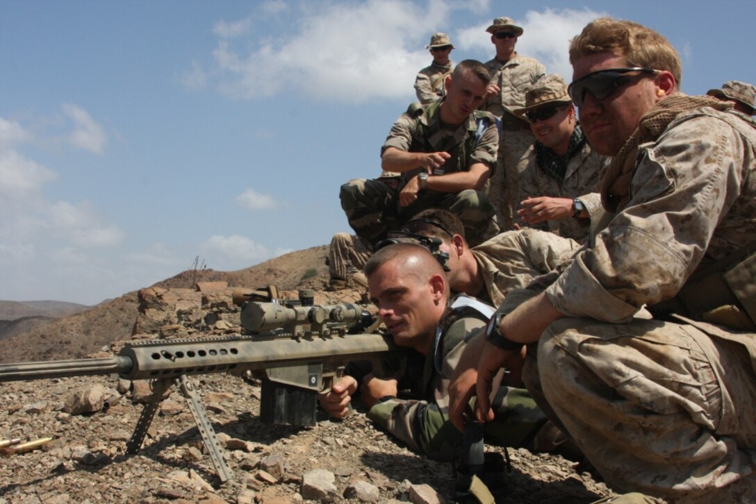 24th Marine Expeditionary Marines and French Army, 5th Regiment personnel observe a Combined Arms Exercise here Mar. 13.  This bilateral training opportunity was one of several the Marines will participate in during the MEU's sustainment training period in Djibouti.