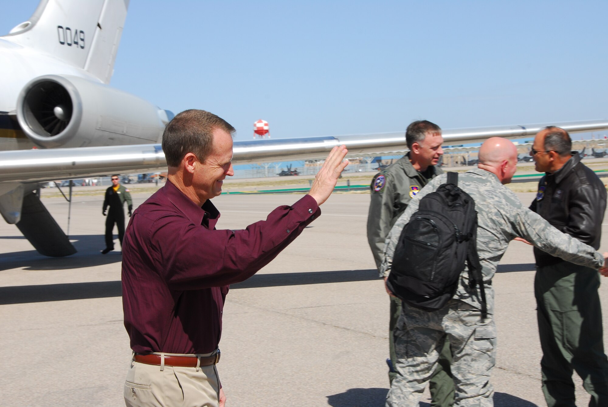 Lt. Col. (ret) Darrin Middleton, from the inspection team operations branch, arrives on the flightline at Tucson International Airport, March 10. Colonel Middleton and an inspection team from Air Education and Training Command visited the Arizona Air Guard fighter wing for a compliance inspection this month.