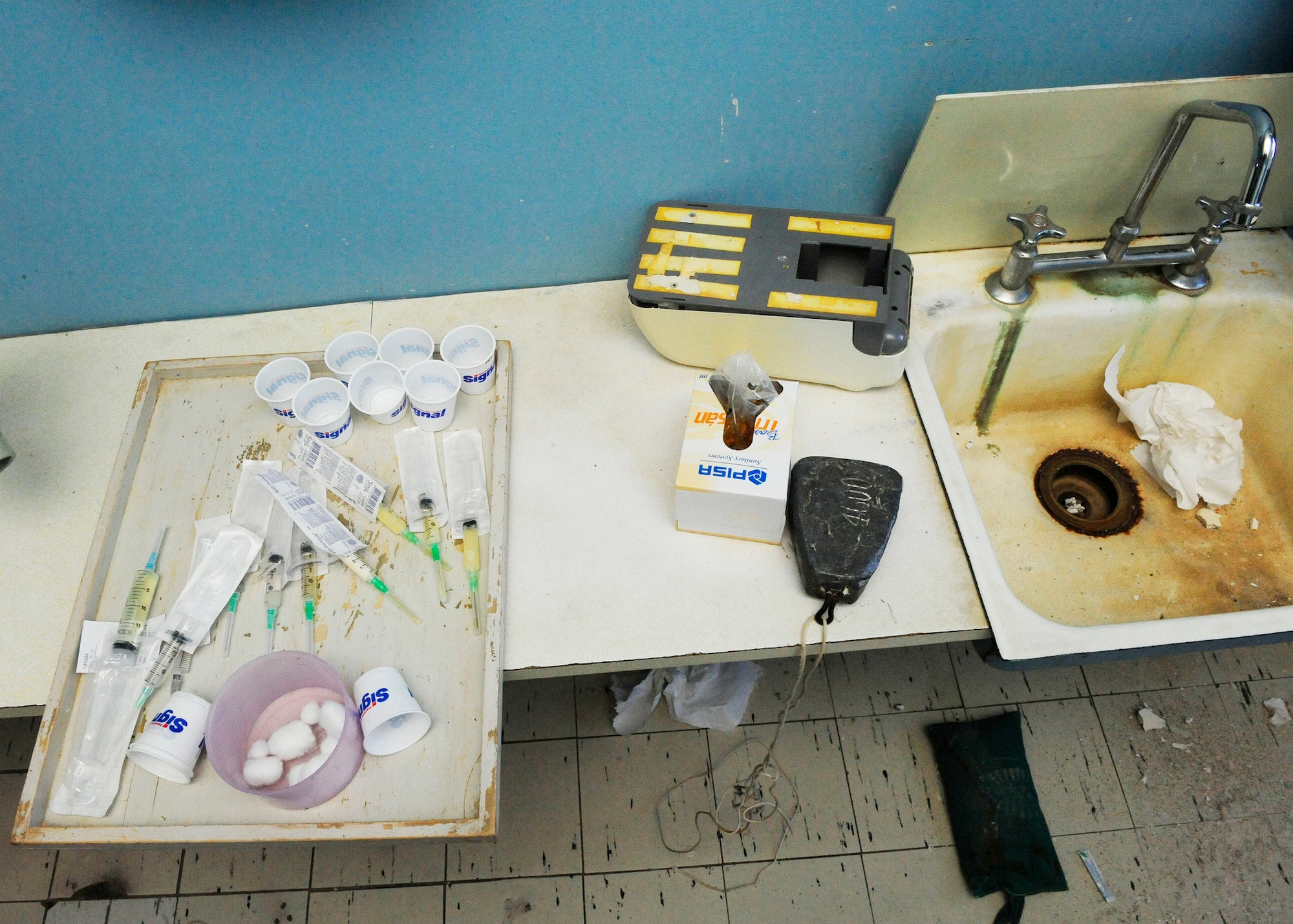 Syringes and medication are untouched March 12, 2010, in a regional hospital in Angol, Chile. The hospital was rendered structurally unsound by an 8.8 earthquake that occurred Feb. 27, 2010. With the nearest operation ward more than 40 miles away, and many other local hospitals overwhelmed with casualties following the earthquake, local Chilean officials requested assistance from U.S. forces to help with primary care capabilities. (U.S. Air Force photo/Senior Airman Tiffany Trojca)