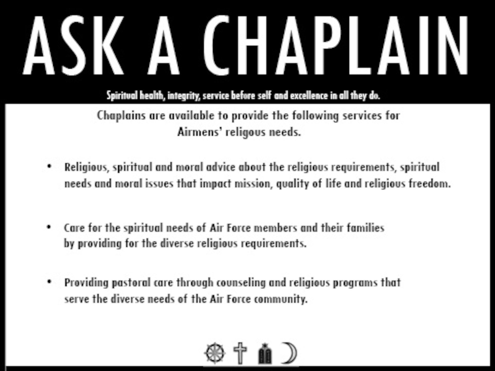 MOODY AIR FORCE BASE, Ga. -- Along with the personal services provided by chaplains, the Base Chapel also provides many other programs available to help Airmen maintain spiritual well-being. These include weekly religious services, marriage retreats, monthly Airman’s Tier Ministry dinners, Bible studies and Sunday school. (U.S. Air Force illustration by Airman 1st Class Joshua Green)