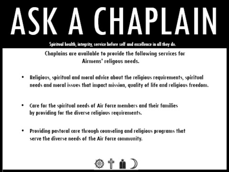 MOODY AIR FORCE BASE, Ga. -- Along with the personal services provided by chaplains, the Base Chapel also provides many other programs available to help Airmen maintain spiritual well-being. These include weekly religious services, marriage retreats, monthly Airman’s Tier Ministry dinners, Bible studies and Sunday school. (U.S. Air Force illustration by Airman 1st Class Joshua Green)