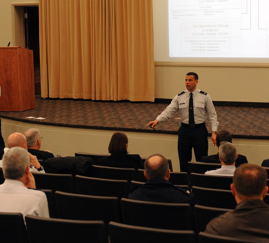 LANGLEY AIR FORCE BASE, Va. -- Col. Matt Molloy, 1st Fighter Wing commander, addresses members of the Air Force Board March 15.  Langley was the first stop for the board members as they travel around the country to receive input on how to improve operational readiness.  (U.S. Air Force photo/Senior Airman Zachary Wolf) 
