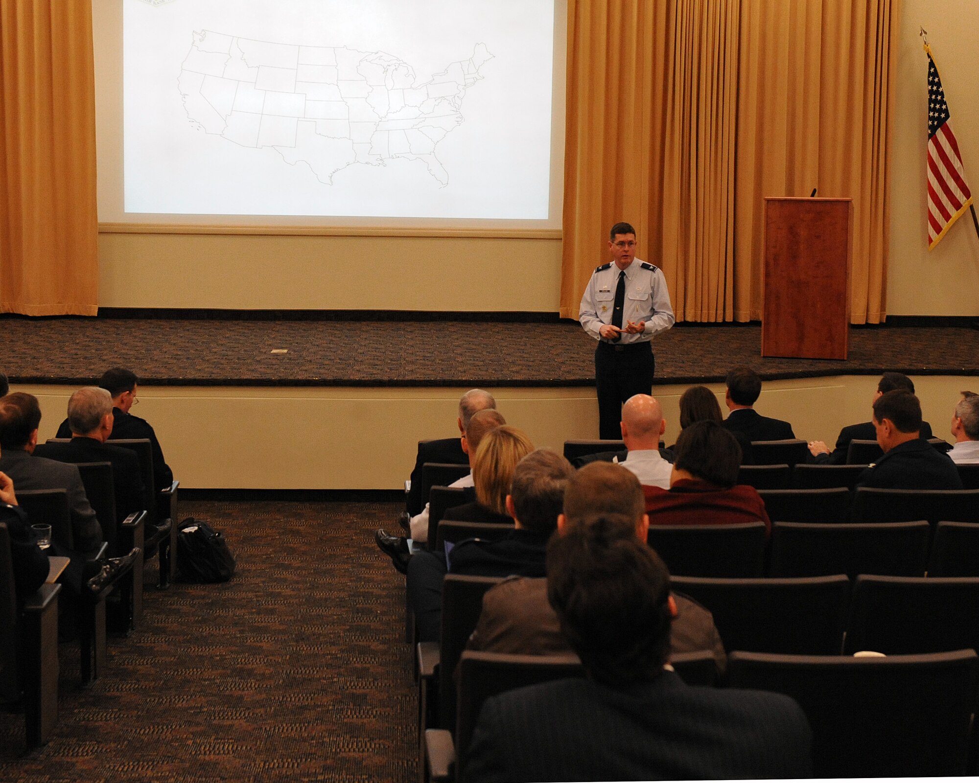 LANGLEY AIR FORCE BASE, Va. -- Col. Donald Kirkland, 633d Air Base Wing commander, addresses members of the Air Force Board March 15.  Langley was the first stop for the board members as they travel around the country to receive input on how to improve operational readiness.  (U.S. Air Force photo/Senior Airman Zachary Wolf) 