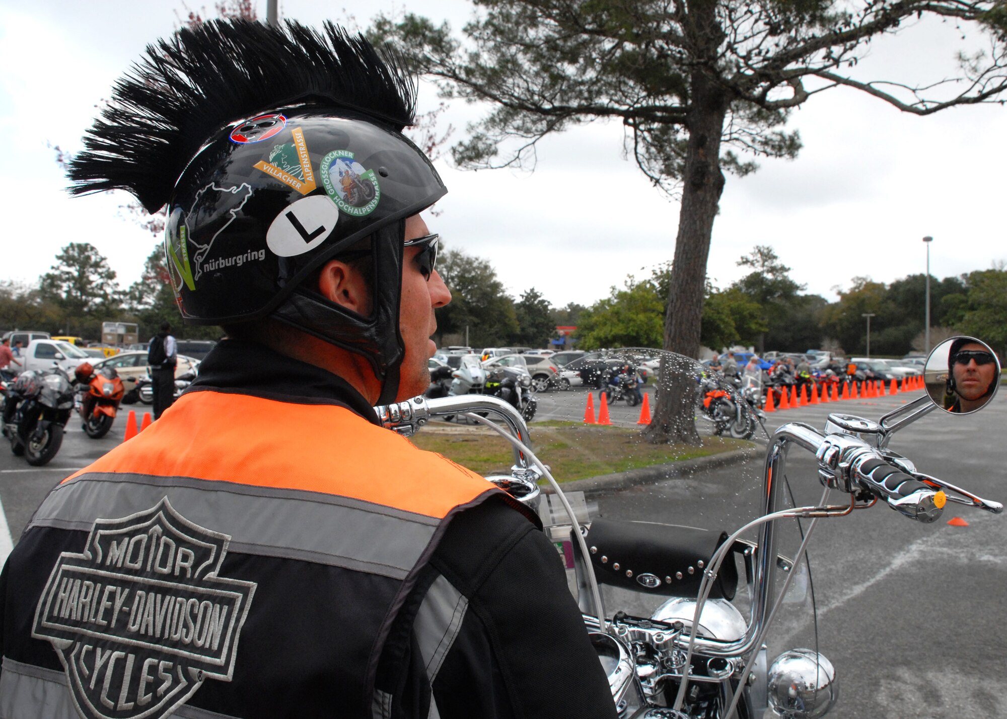 Master Sgt. Ben Ernst, 33rd Fighter Wing, waits for his turn on the riding competition March 12 at Team Eglin's third annual Motorcycle Safety Day.  Despite threatening skies, the event brought out approximately 220 riders to participate in safety discussions, riding skills competition and group ride.  The safety day came at a critical time for Eglin with spring break approaching and a recent active-duty death involving a motorcycle. (U.S. Air Force photo/Samuel King Jr.)