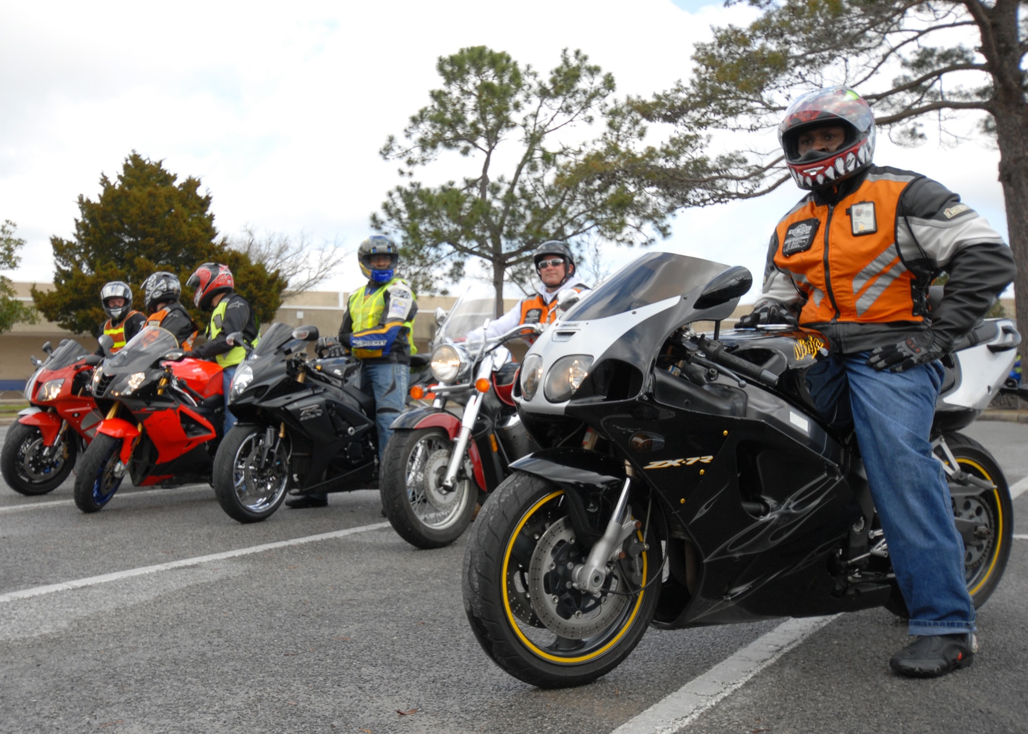 Riders mount up for the 60-mile group ride March 12 as part of Team Eglin's third annual Motorcycle Safety Day.  Despite threatening skies, the event brought out approximately 220 riders to participate in safety discussions, riding skills competition and group ride.  The safety day came at a critical time for Eglin with spring break approaching and a recent active-duty death involving a motorcycle.  (U.S. Air Force photo/Samuel King Jr.)