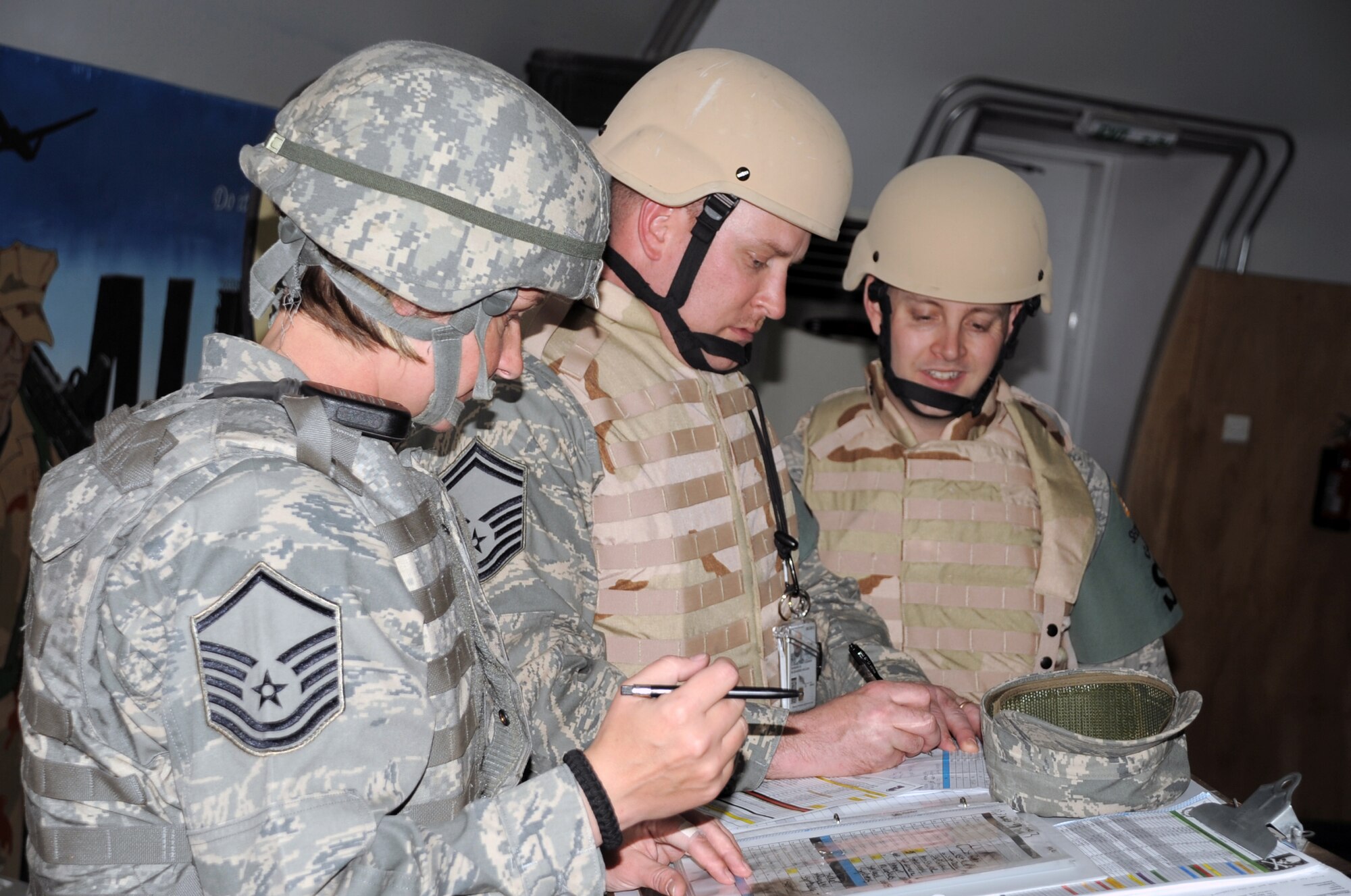 Master Sgt. Lisa Phillips, Senior Master Sgt. Alexander Dunsire, and Capt. Matthew Nix, all from the 380th Expeditionary Security Forces Squadron, run through checklists during a security forces exercise at a non-disclosed base in Southwest Asia on Feb. 20, 2010. The 380th ESFS, as part of the 380th Air Expeditionary Wing, supports operations Iraqi Freedom and Enduring Freedom and the Combined Joint Task Force-Horn of Africa. (U.S. Air Force Photo/Master Sgt. Scott T. Sturkol/Released)