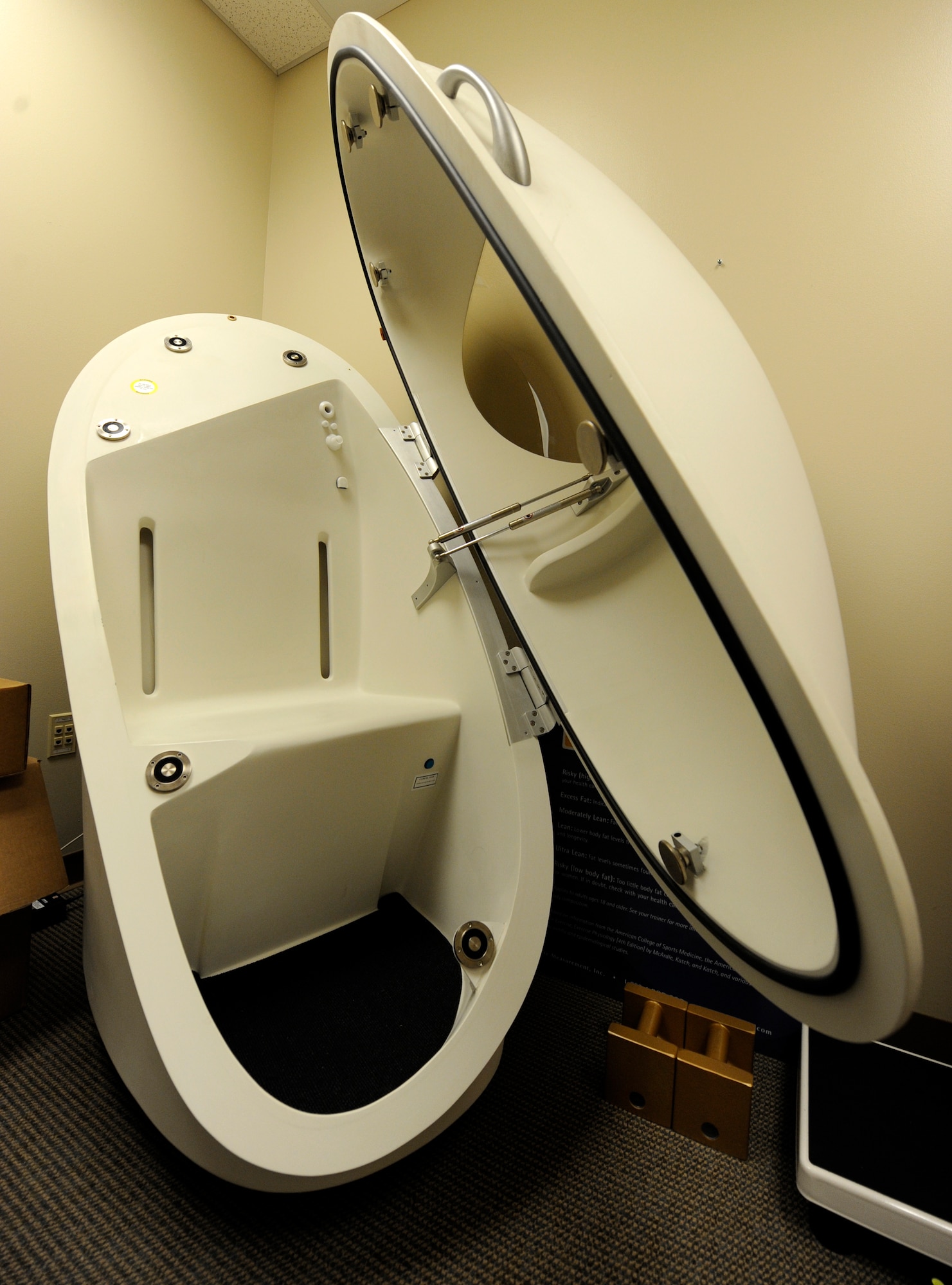 LANGLEY AIR FORCE BASE, Va.-The Bod Pod measures body mass, or weight, and body volume using air displacement technology.  Using these two variables, body density is computed and used with an equation to provide body composition information. (U.S. Air Force photo/Senior Airman Dana Hill)
