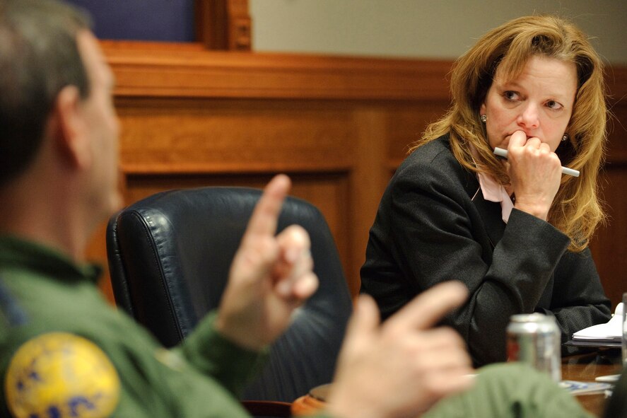 Debra Tune, deputy assistant secretary of the Air Force for Logistics, listens as Gen. Stephen R. Lorenz, Commander, Air Education and Training Command, discusses ways AETC employs energy-saving initiatives during her visit to Randolph Air Force Base, March 2. Mrs. Tune is the deputy assistant secretary of the Air Force for logistics, who was also performing the duties of the assistant secretary of the Air Force for installations, environment and logistics. (U.S. Air Force photo/Steve Thurow)