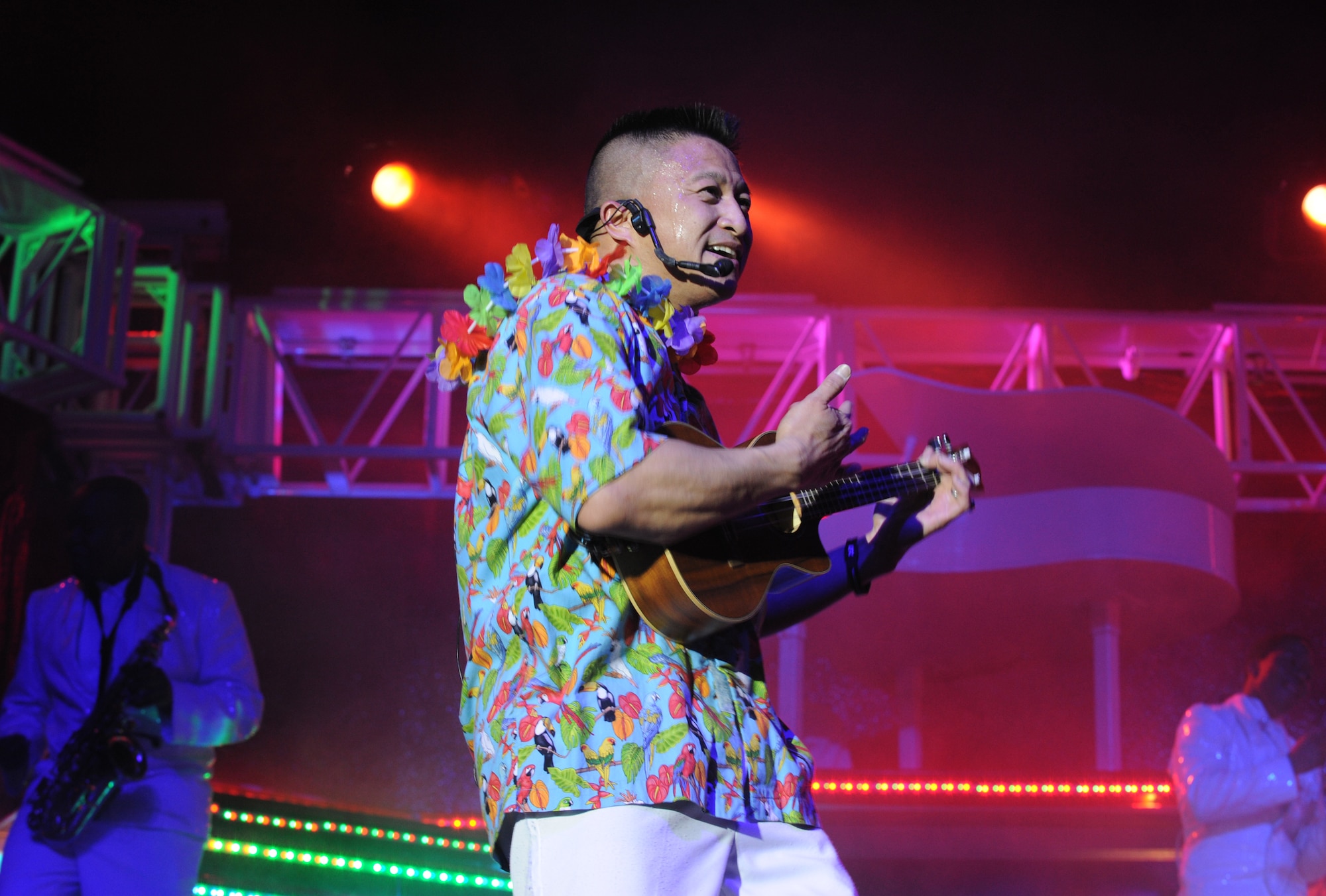 ABILENE, Texas – Air Force Tops in Blue entertainer Master Sgt. Herbert Ancog, 690th Alterations and Installations Squadron, Lackland Air Force Base, Texas, sings an island song while playing a ukulele March 9 at the Abilene Civic Center here. Tops in Blue is an all-active duty Air Force special unit made up of talented amateur performers selected for their entertainment abilities. Each year, thousands compete in base talent contests and the most talented move on to higher levels of competition. The result is an elite group composed of 35 of the most talented vocalists, musicians, dancers, comedians, magicians, and dramatists worldwide. Known as the Air Forces’ Expeditionary Entertainers; the group’s main mission is to perform for military personnel and their families throughout the world. The enormous popularity of the group has also made them America’s goodwill ambassadors around the globe. For more information, logon to the Tops in Blue website at www.topsinblue.com. (U.S Air Force photo/ Airman 1st Class Shannon Hall)