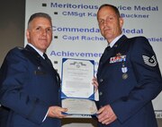 TRAVIS AIR FORCE BASE, Calif. -- At the 349th Air Mobility Wing commander’s call Mar. 7, 2010, six wing Airmen were recognized with medals for exceptional service. They are pictured here at attention prior to their presentations. From the left: Wing Commander, Col. John Flournoy; Command Chief Master Sgt. Kathleen Buckner, received the Air Force Meritorious Service Medal, second oak leaf cluster; CMSgt. Glenn Orfitelli, received the MSM, first OLC; Capt. Rachel Alvarez Montiel received the Air Force Commendation Medal; Tech. Sgt. Glen Miller received the Air Force Achievement Medal, fifth OLC; TSgt. Timothy Stotenburg received the AFAM, first OLC and TSgt. Jonathan Caraballo received the AFAM. (U.S. Air Force photo/Senior Master Sgt. Ellen Hatfield) 