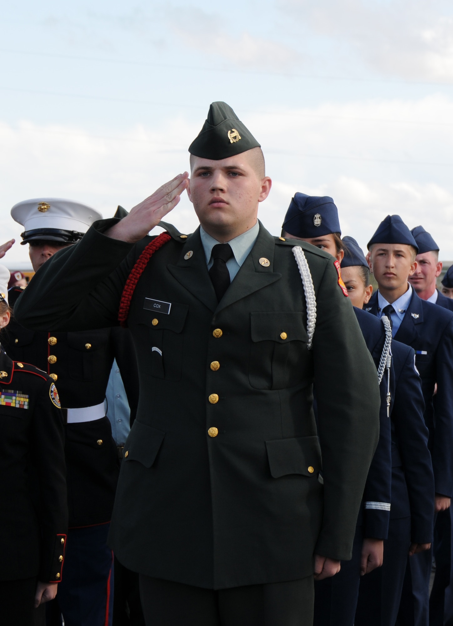 During  the “Drill Down” portion of today’s competition, individual Junior ROTC drill team members compete in a last-man-standing event during a drill completion at the base February 20, 2010. ROTC cadets must quickly perform each move with precision and snap in order to remain in the formation. (U.S. Air Force Photo by Senior Airman Nicole Enos)