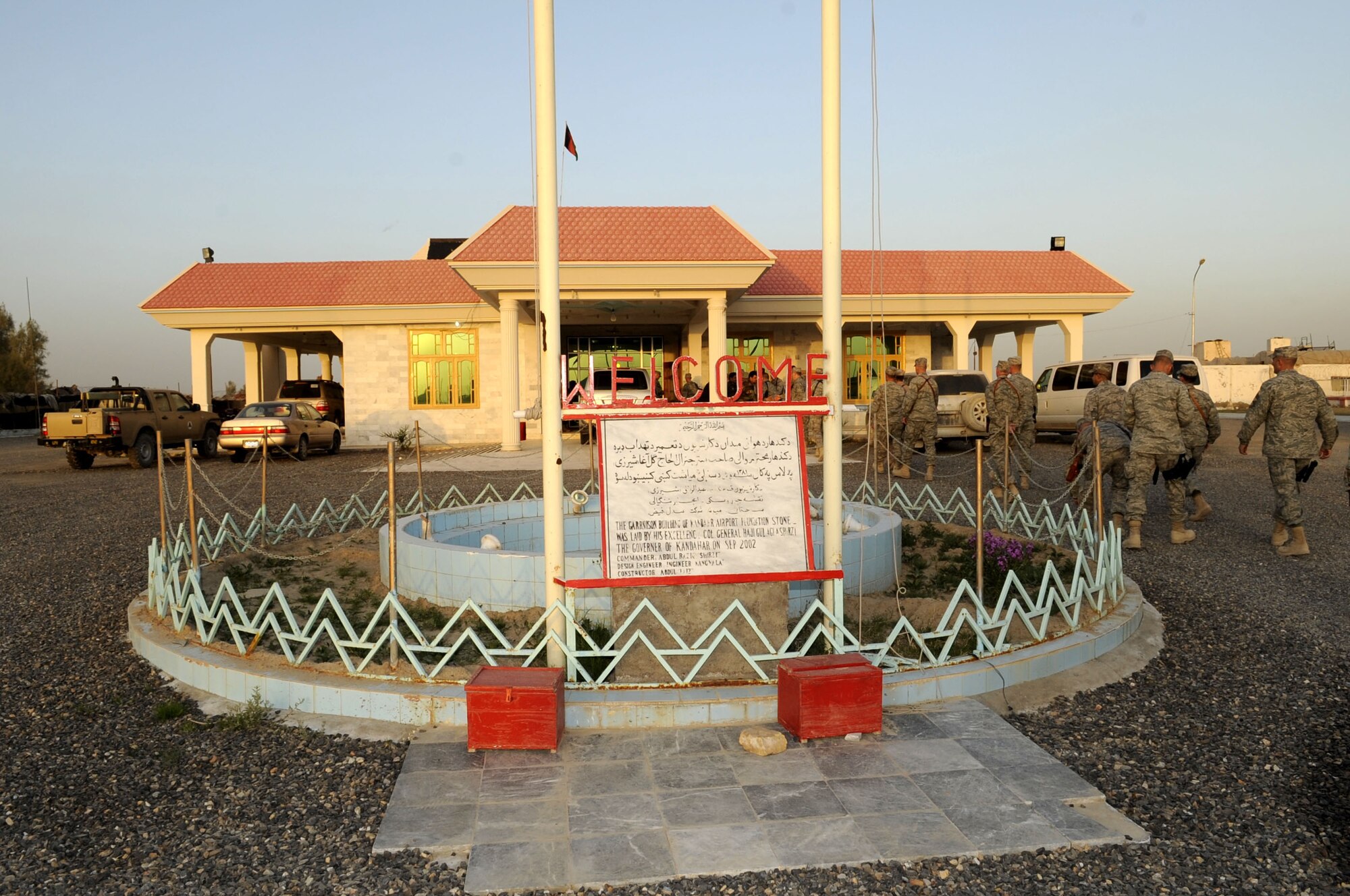 Members of the 451st Air Expeditionary Wing arrive at the compound of Maj. Gen. Abdul  Raziq Sherzai, Kandahar Air Wing commander, March 10 in Kandahar, Af.  General Sherzai invited members of the 451st Air Expeditionary Wing to have a traditional Afghan meal.  (U.S. Air Force photo by Senior Airman Nancy Hooks/Released)