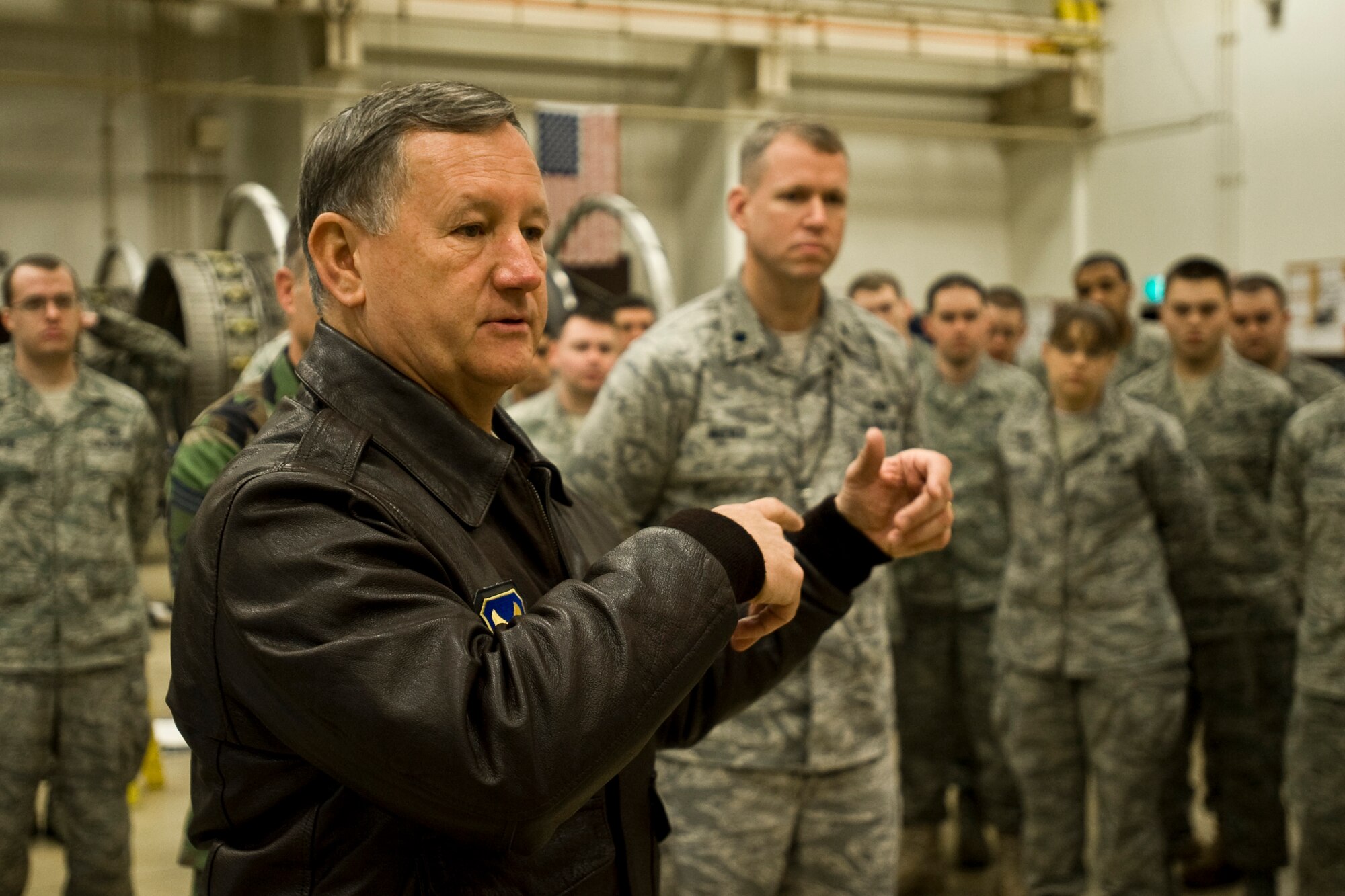 MISAWA AIR BASE, Japan -- Maj. Gen Federick Roggero, Air Force Chief of Safety, addresses Airmen March 10 at the 35th Maintenance Squadron propulsion shop. General Roggero visited Misawa in recognition of the wing's zero class A, B, C aviation mishap rate. He also toured the base to meet and speak with many of Misawa's leadership and Airmen. (U.S. Air Force photo/Senior Airman Jamal D. Sutter)