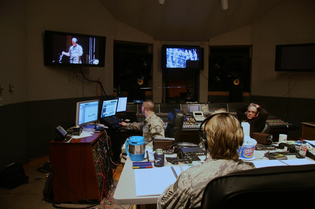 A glimpse into the intricate and complicated setup used to record at The USAF Band.  The recording engineers are working hard to produce The United States Air Force Band's upcoming compact disc (CD), "Off We Go," intended for wide release in December.  (USAF Photo by Benjamin Newell)