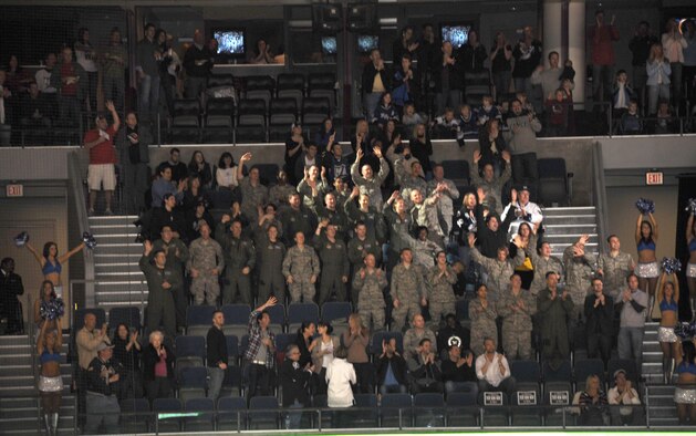 The 45th Aeromedical Evacuation Squadron is recognized at the Tampa Bay Lightnings hockey game Mar. 6, for their efforts during Operation Unified Response and the Haiti relief after the earthquake. The 45th AES transported sick and injured patients back to the U.S. for medical treatment. (u.S. Air Force photo/Tech. Sgt. Denise Hauser)