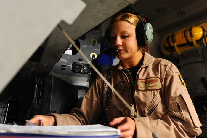 Senior Airman Spencer Keeley, 816th Expeditionary Airlift Squadron loadmaster, prepares paperwork for cargo on board a C-17 Globemaster III at a non-disclosed Southwest Asia March 10, 2010. Airman Keeley was part of an all-female crew in honor of Women's History Month and is deployed from the 14th Airlift Squadron. (U.S. Air Force photo by Senior Airman Kasey Zickmund)