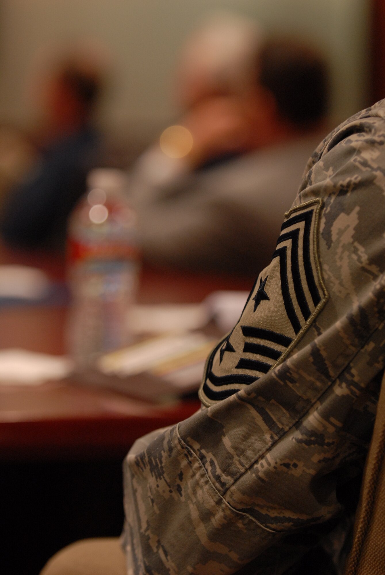 GOODFELLOW AIR FORCE BASE, Texas-- Chief Master Sgt. Frederick Ricker, Command Chief Master Sgt. of the 17th Training Wing, meet with 11 retired and six active duty chiefs to discuss current issues effecting the base and local community. Chief master sergeant, E-9, is the Air Force's highest enlisted rank. (U.S. Air Force photo/ Senior Airman Tong Duong)