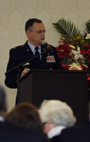 Chaplain (Col.) Conrado Navarro speaks to members of Team Charleston during the National Prayer Breakfast at the Charleston Club March 15. During his speech, Colonel Navarro spoke about finding a purpose regardless of whether or not the conditions are favorable. Although a Cuban native, he migrated with his family to the U.S. when he was seven years old. Now, he sustains the operational capabilities of the Chaplain Corps to ensure a fully mission-capable force committed to delivering world class ministry through the Chaplain Corps. Colonel Navarro is the command chaplain for U.S. Transportation Command and Air Mobility Command. (U.S. Air Force photo/Airman 1st Class Lauren Main)