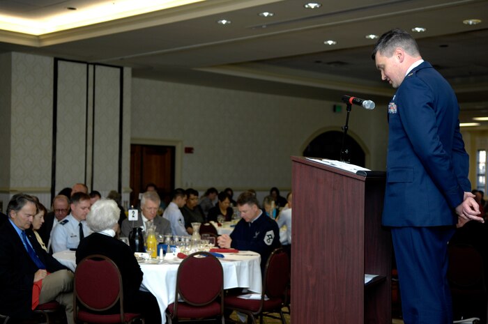 Maj. John Painter speaks to members of Team Charleston at the National Prayer Breakfast in the Charleston Club March 15. Major Painter led the "Prayer for the Nation" following numerous readings, including a selection from the Hebrew scripture. Major Painter is a chaplain with the 315th Airlift Wing. (U.S. Air Force photo/Airman 1st Class Lauren Main)