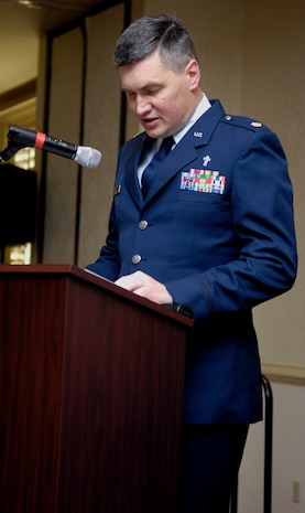 Maj. John Painter speaks to members of Team Charleston at the National Prayer Breakfast in the Charleston Club March 15. Major Painter led the "Prayer for the Nation" following numerous readings, including a selection from the Hebrew scripture. Major Painter is a chaplain with the 315th Airlift Wing. (U.S. Air Force photo/Airman 1st Class Lauren Main)